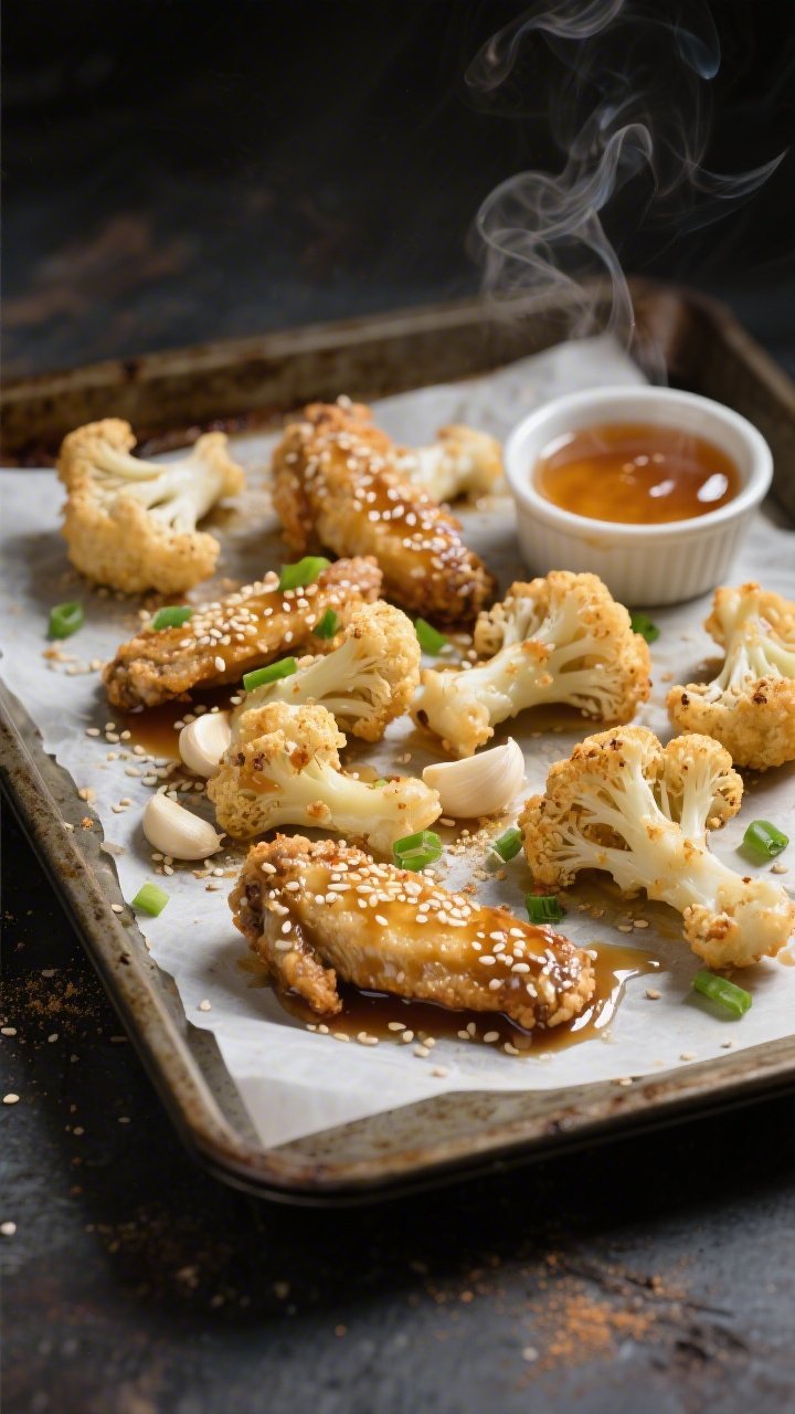 Overhead action shot of crispy cauliflower “wings” fresh from the oven on a parchment-lined sheet pan, florets coated in a light batter made from white whole wheat flour and unsweetened almond milk, tossed in glossy honey-garlic sauce with visible garlic powder flecks; garnished with sesame seeds and scallions, a small ramekin of extra honey-garlic glaze on the side, steam rising, moody backlight to emphasize sticky sheen, no people