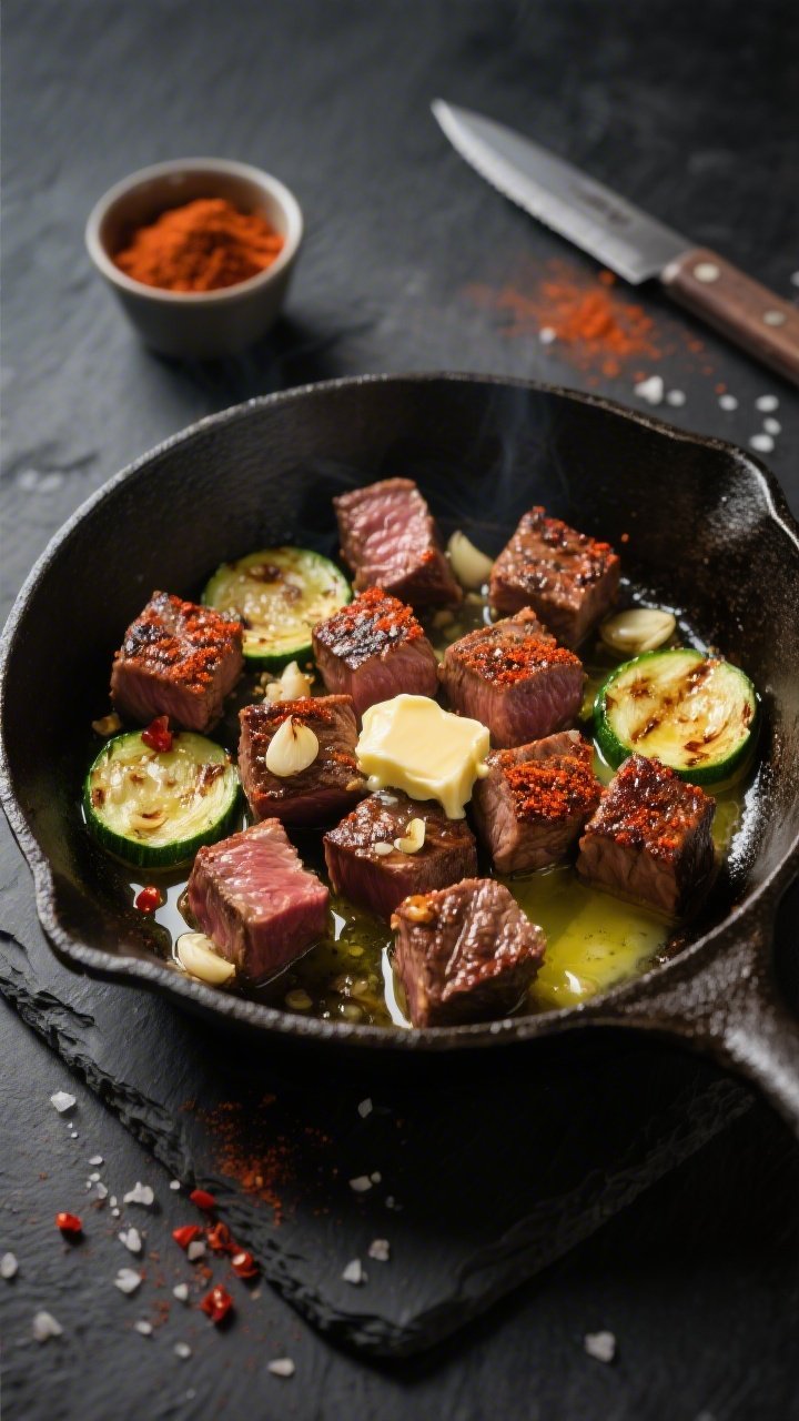 Overhead action shot of Fiery Garlic Butter Steak Bites with Zucchini Coins sizzling in a cast-iron skillet: 1-inch sirloin/ribeye cubes seared with a glossy garlic-butter baste, smoky paprika crust, and flecks of minced garlic; thick 1/2-inch zucchini coins caramelizing at the edges; a pat of melting unsalted butter and a drizzle of avocado oil visible; warm, moody lighting highlighting char and rendered juices; scattered coarse sea salt and a pinch of red pepper for heat; styled on a dark slate surface with a small ramekin of smoked paprika and a chef’s knife nearby, no people
