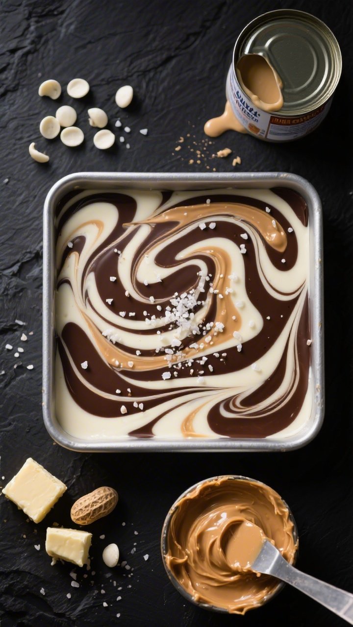 Overhead artistic composition of Salted Chocolate-Swirled Peanut Butter Fudge set in a square tin: dramatic white chocolate and peanut butter ribbons marbled across the top, small flakes of sea salt sparkling. Include ingredients partially used around the pan: an open can of sweetened condensed milk (partially poured), white chocolate chips scattered, pieces of unsalted butter, and a bowl of creamy peanut butter with a spatula streaked in swirl patterns. Dark slate background for contrast, high-end patisserie styling.
