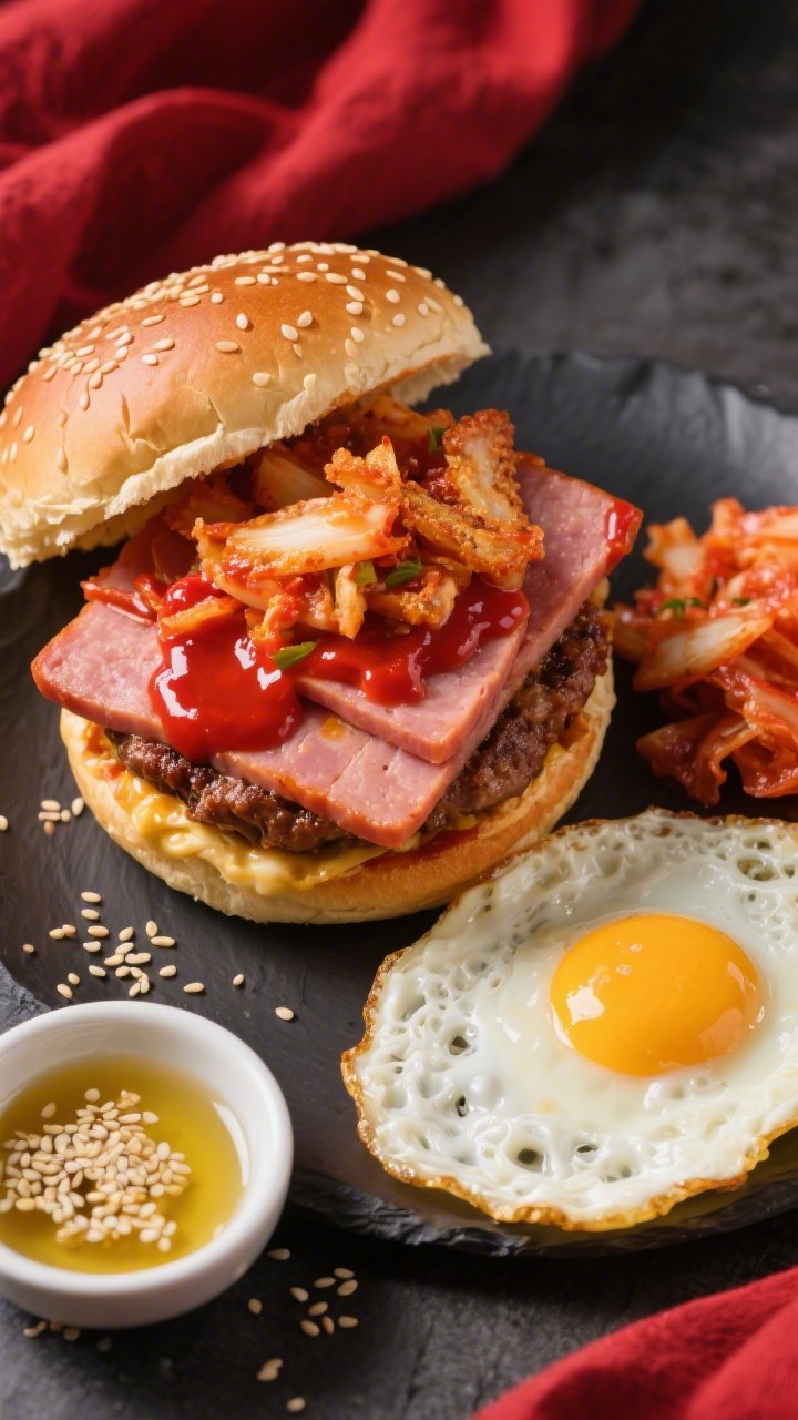 Overhead assembly shot: a sesame burger bun with gochujang mayo (mayonnaise mixed with bright red gochujang) spread on the cut side, crispy golden-brown Spam slices, a tangle of chopped, well-drained kimchi, and a freshly fried egg with lacy edges. A drizzle of sesame oil in a small dish, scattered sesame seeds, and the bun crown slightly askew to reveal layers. Punchy reds and golds, high contrast, glossy highlights, modern Korean-inspired styling.
