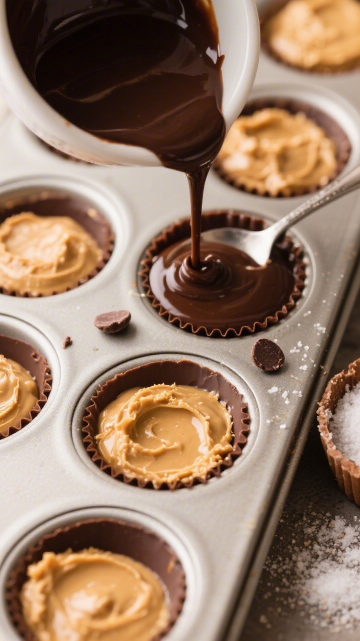 Overhead assembly shot of peanut butter cup fat bombs in a mini muffin tin: bottom layer of silky peanut butter mixture (natural peanut butter, coconut oil, erythritol, vanilla, pinch of salt) partially set, with a bowl of melted sugar-free dark chocolate ready to pour as the top layer; small spoon trails, a few chocolate chips and a dusting of erythritol on the side; warm, cozy tones highlighting creamy-peanut and glossy-chocolate contrast, tidy yet inviting mise en place.