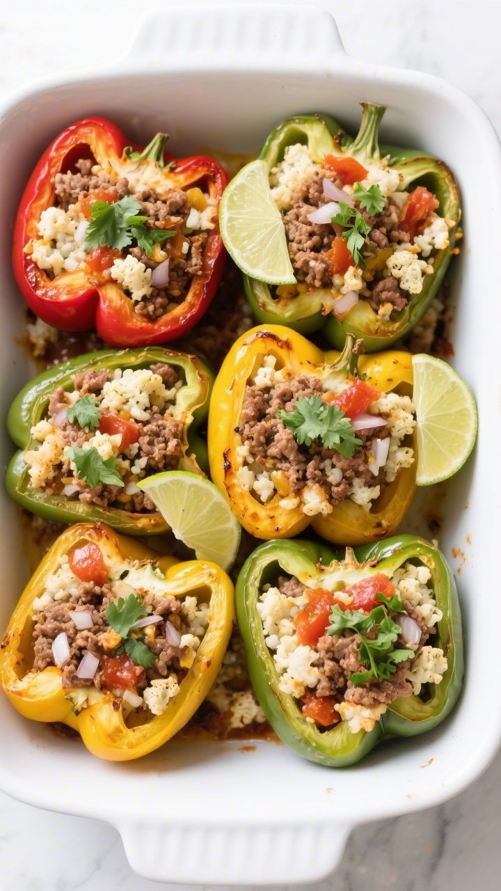 Overhead baking dish of Zesty Taco Turkey Stuffed Peppers With Cauli Rice: halved bell peppers packed with taco-seasoned lean ground turkey, riced cauliflower, finely diced onion, minced garlic, tomato paste, and a hint of cumin; tops slightly caramelized, garnished with chopped cilantro and lime wedges; colorful peppers (red, yellow, green) arranged tightly in a white casserole, clean bright light, appetizing roasted edges.