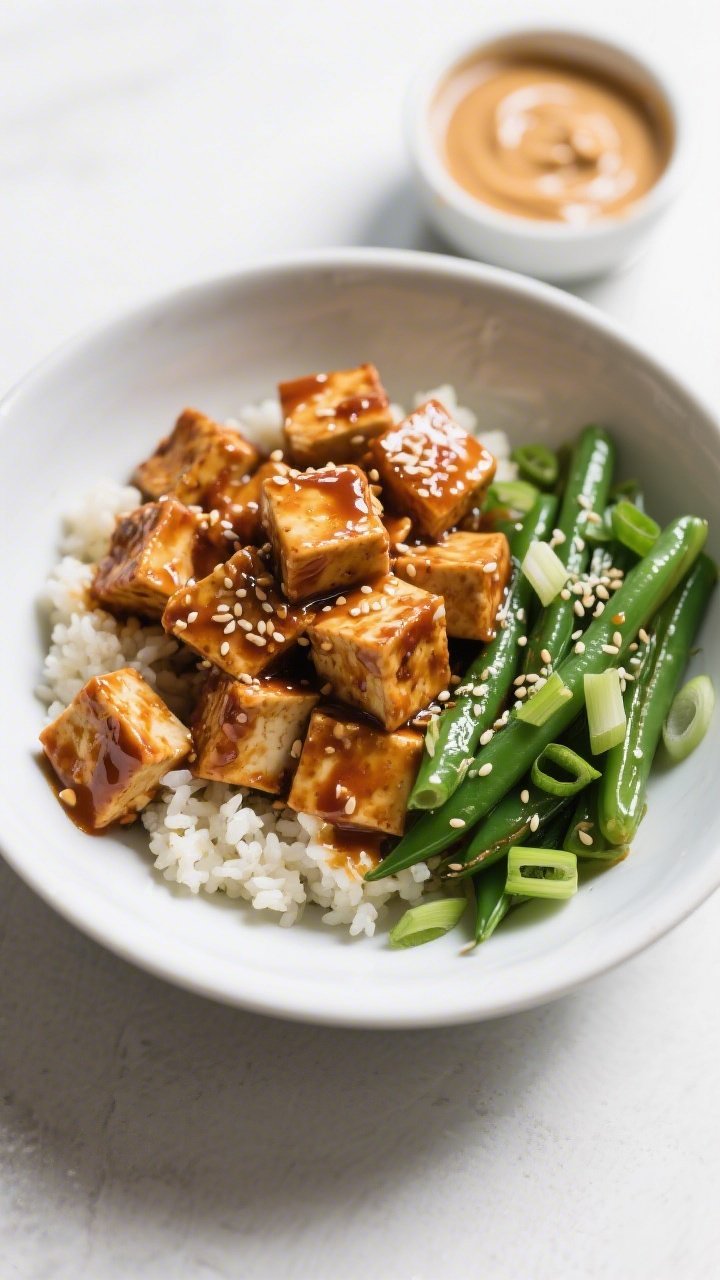 Overhead bowl composition of spicy peanut tofu bowls: crisped extra-firm tofu cubes lacquered in a glossy spicy peanut sauce, nestled over cauliflower rice, with sesame green beans (shiny from sesame oil, sprinkled with sesame seeds) arranged to one side; thinly sliced green onions scattered, a small dish of extra peanut sauce nearby; clean, modern styling with high contrast.