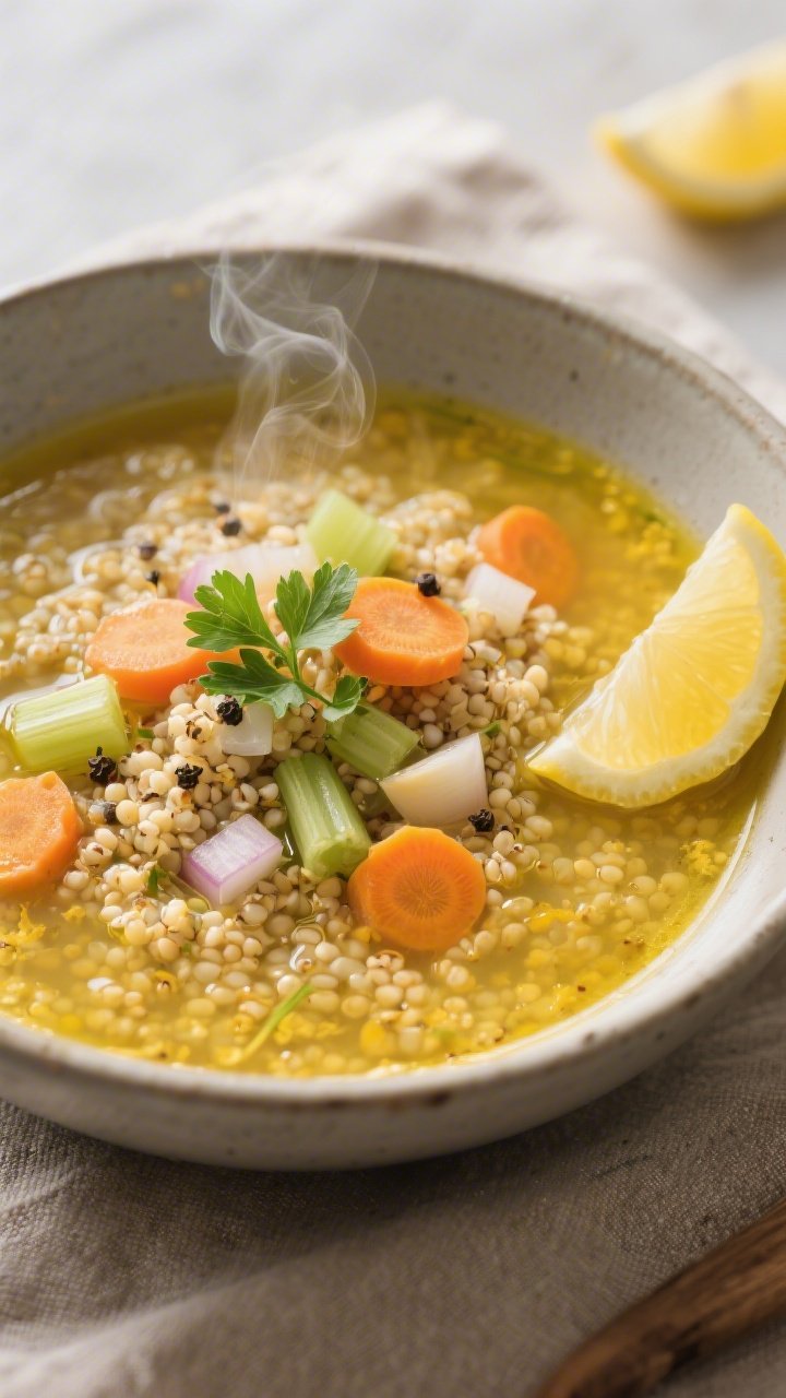 Overhead bowl shot of cozy golden quinoa soup: clear, turmeric-tinted broth with shimmering olive oil, tender quinoa, sliced carrots and celery, diced onion, minced garlic, and threads of fresh grated ginger; lemon wedges on the side with a squeeze already brightening the surface; steam rising from a matte ceramic bowl placed on a neutral linen, fresh parsley and cracked pepper sprinkled on top.