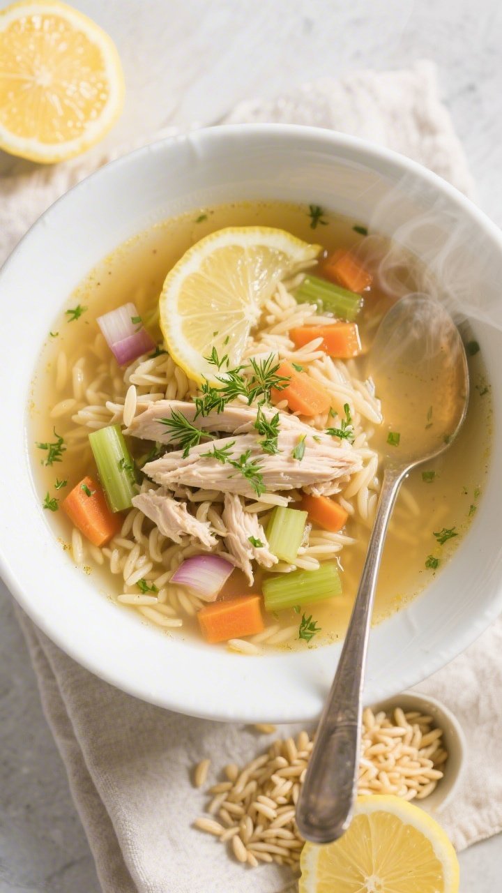 Overhead bowl shot of Lemon Herb Chicken Orzo Soup: golden broth with tender shredded chicken breast, orzo, diced onion, sliced carrots and celery, and flecks of garlic; finished with fresh lemon slices and zest, parsley and dill sprinkled on top; served in a wide white bowl on a linen with a ladle and a small pile of uncooked orzo and lemon halves nearby; cozy, clear steam visible, clean and comforting.