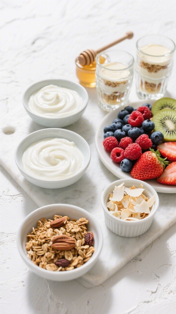 Overhead build-your-own parfait board: bowls of thick Greek yogurt and sweeter vanilla yogurt with visible creamy swirls; two distinct granolas (classic with nuts and a separate nut-free mix) in shallow dishes for texture; a ramekin of toasted coconut flakes; vibrant fresh fruit piles (strawberries, blueberries, raspberries, sliced kiwi) and a honey dipper resting beside a small pot of honey. Include clear glass tumblers partly filled to show layering potential. Bright, fresh, morning vibe on a whitewashed surface, crisp styling, no people.