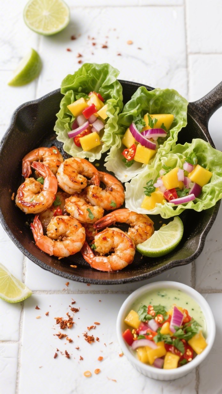 Overhead build-your-own scene for spicy shrimp lettuce wraps: chili-cumin-cayenne sautéed shrimp glistening in a skillet, butter lettuce cups arranged nearby, bright mango salsa (mango cubes, red onion, cilantro, lime) in a small bowl, and a drizzle-ready creamy lime sauce in a ramekin; scattered lime wedges and chili flakes; clean white tile surface for a fresh, tropical vibe with punchy color contrast.