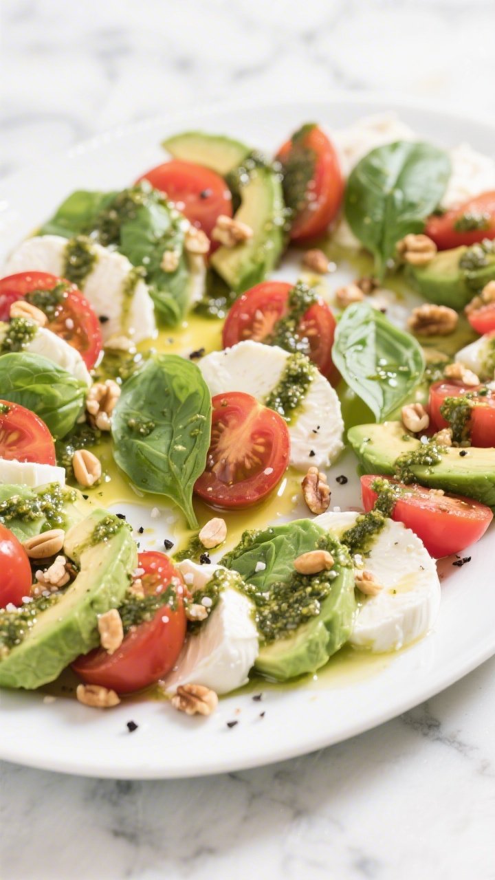 Overhead Caprese-inspired arrangement: Creamy Avocado Caprese with Basil Pesto Drizzle on a large white platter—alternating slices of ripe avocado and fresh mozzarella (or halved bocconcini) with halved cherry/grape tomatoes; torn fresh basil leaves throughout, toasted pine nuts (or chopped walnuts) sprinkled for crunch; a lustrous basil pesto drizzle across the surface and a touch of extra-virgin olive oil; coarse sea salt and cracked black pepper visible; bright natural light to make the greens and reds pop, clean marble backdrop.