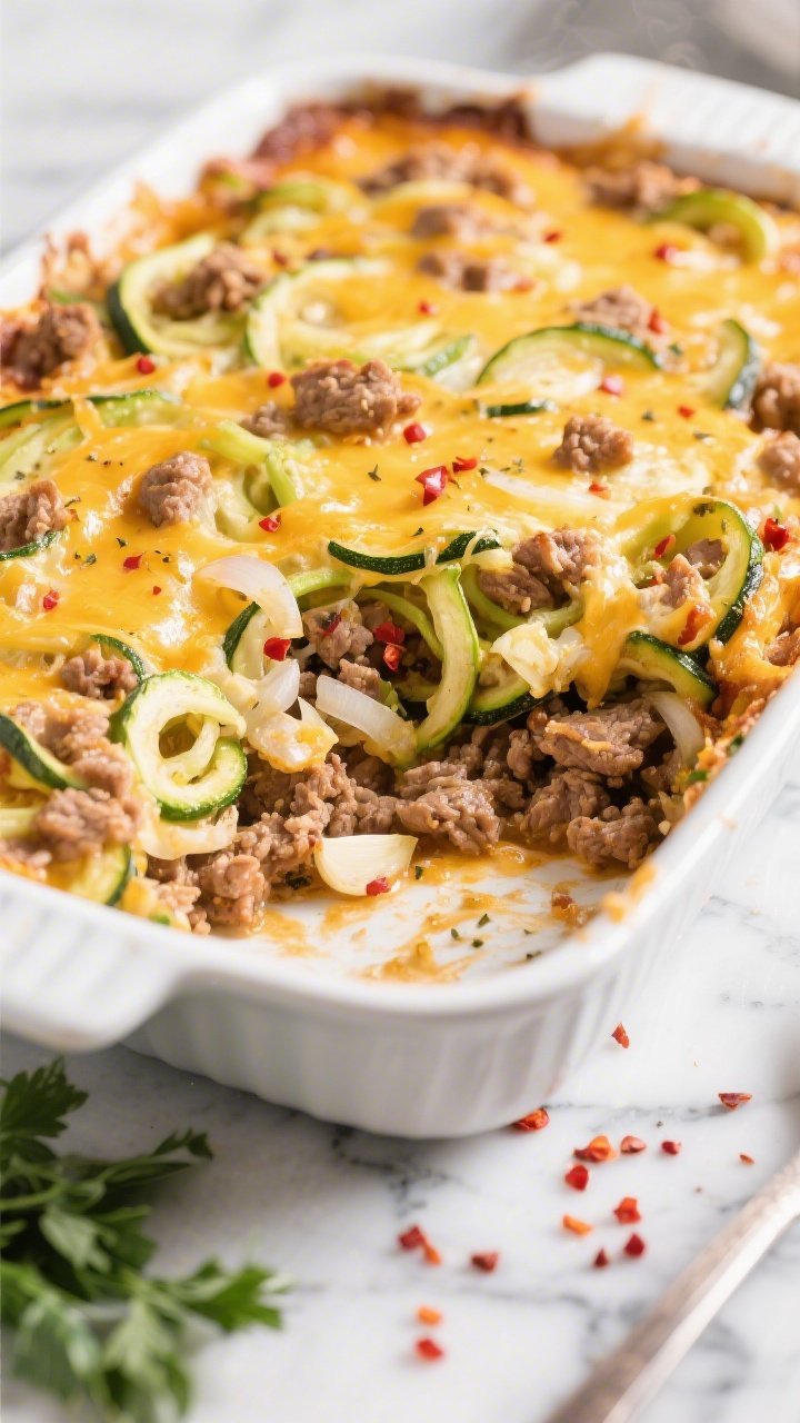 Overhead casserole dish of cheesy turkey zoodle breakfast bake: browned ground turkey seasoned with Italian seasoning and crushed red pepper, ribbons of zucchini zoodles and finely chopped onion and garlic woven through, topped with bubbling golden cheese; a corner scooped out to show juicy layers and steam; scattered red pepper flakes and fresh herbs on a marble surface; inviting, hearty morning comfort.