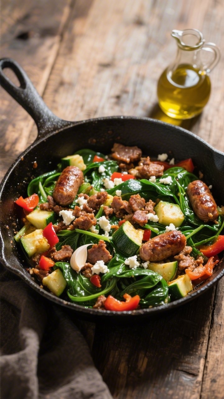 Overhead cast-iron skillet scene of a sausage, spinach, and feta breakfast sauté: crumbled browned breakfast sausage glistening in olive oil, wilted bright-green spinach, diced zucchini and red bell pepper for pops of color, crumbles of feta melting into the mix, garlic slices visible, set on a rustic wooden table with a small pourer of olive oil nearby, vibrant and hearty, crisp shadows