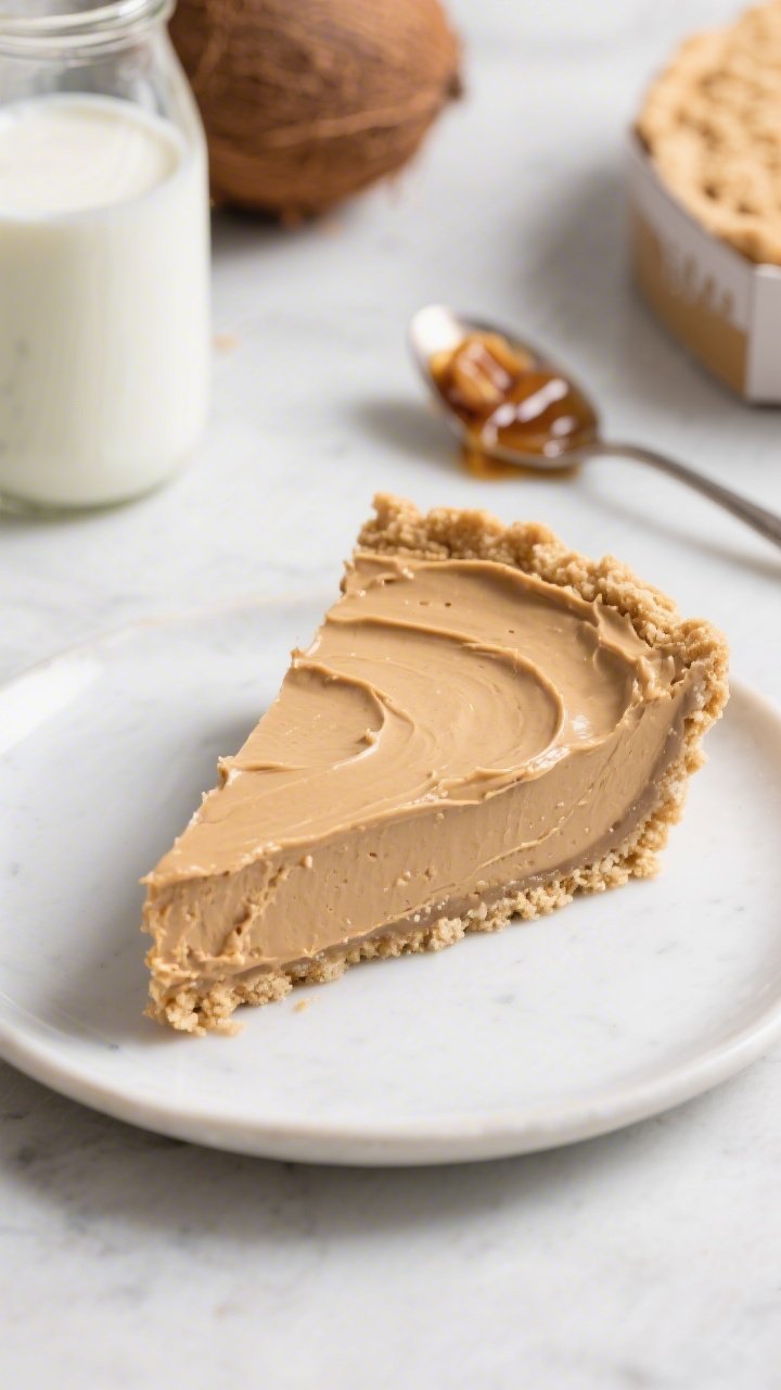 Overhead clean slice shot of Dairy-Free, Dreamy Peanut Butter Silk Pie: ultra-smooth, mousse-like peanut butter filling made with chilled full-fat coconut milk layered in a graham-style or vanilla wafer crumb crust bound with melted coconut oil and lightly sweetened with maple syrup. Vegan-friendly styling: coconut milk can with separated cream shown in the background, a drizzle of maple on a spoon, and gluten-free crumb box edge peeking in; soft, natural light highlighting the silky, dairy-free sheen.