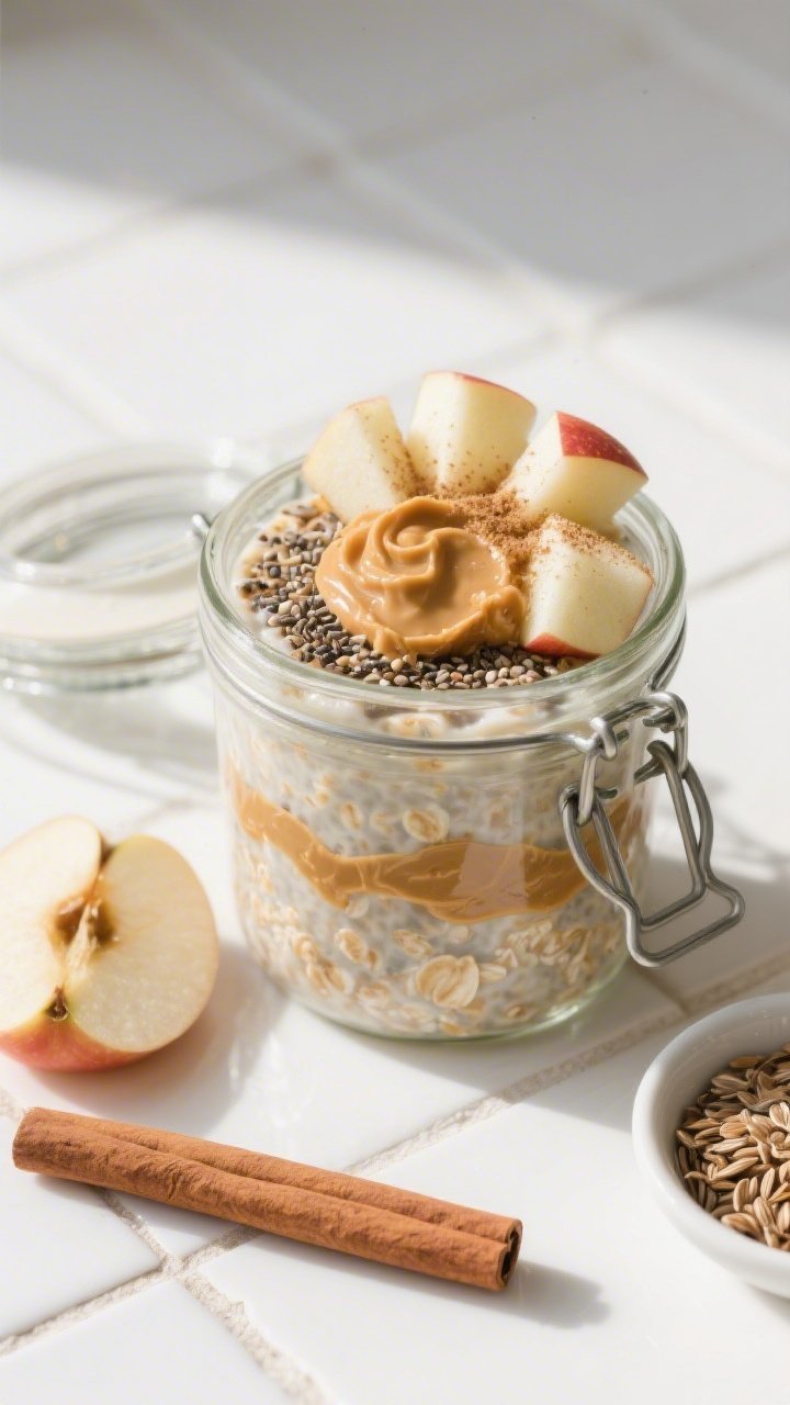Overhead close crop of crunchy apple-cinnamon overnight oats in a glass jar: creamy rolled oats layered with ground flaxseed, chia seeds, a ribbon of honey or maple syrup, topped with crisp diced apple, a dusting of ground cinnamon, and a swirl of almond butter; extra apple slices, a cinnamon stick, and a small dish of flax on the side; cool morning light, clean breakfast scene on a white tile surface.