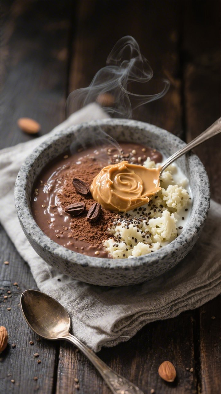 Overhead cozy bowl of warm cauliflower “oats” in a gray stone bowl: riced cauliflower simmered with unsweetened almond milk and thickened with chia seeds, stirred with unsweetened cocoa powder for a mocha hue; topped with a generous spoon of natural peanut butter melting into swirls, a dusting of extra cocoa and a few cacao nibs for texture; steam subtly visible, linen napkin, vintage spoon, matte dark wood table for contrast, intimate breakfast mood.