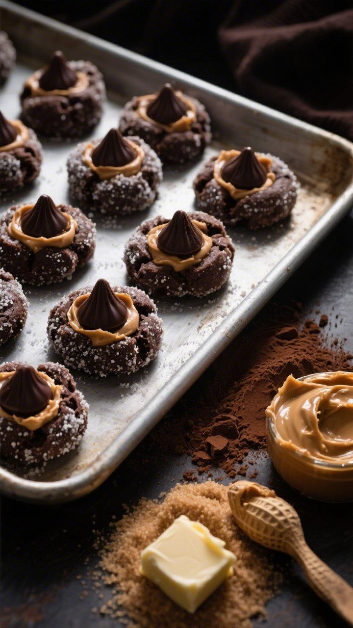 Overhead dramatic scene of double chocolate peanut butter blossoms: dark cocoa cookie dough balls rolled in sugar on one side of the sheet pan and freshly baked cookies on the other, each crowned with a glossy dark chocolate kiss; cocoa powder dusted nearby, a mound of light brown sugar, softened butter, and a scoop of creamy peanut butter in frame; deep, moody tones with directional light to accentuate contrast and fudgy texture.