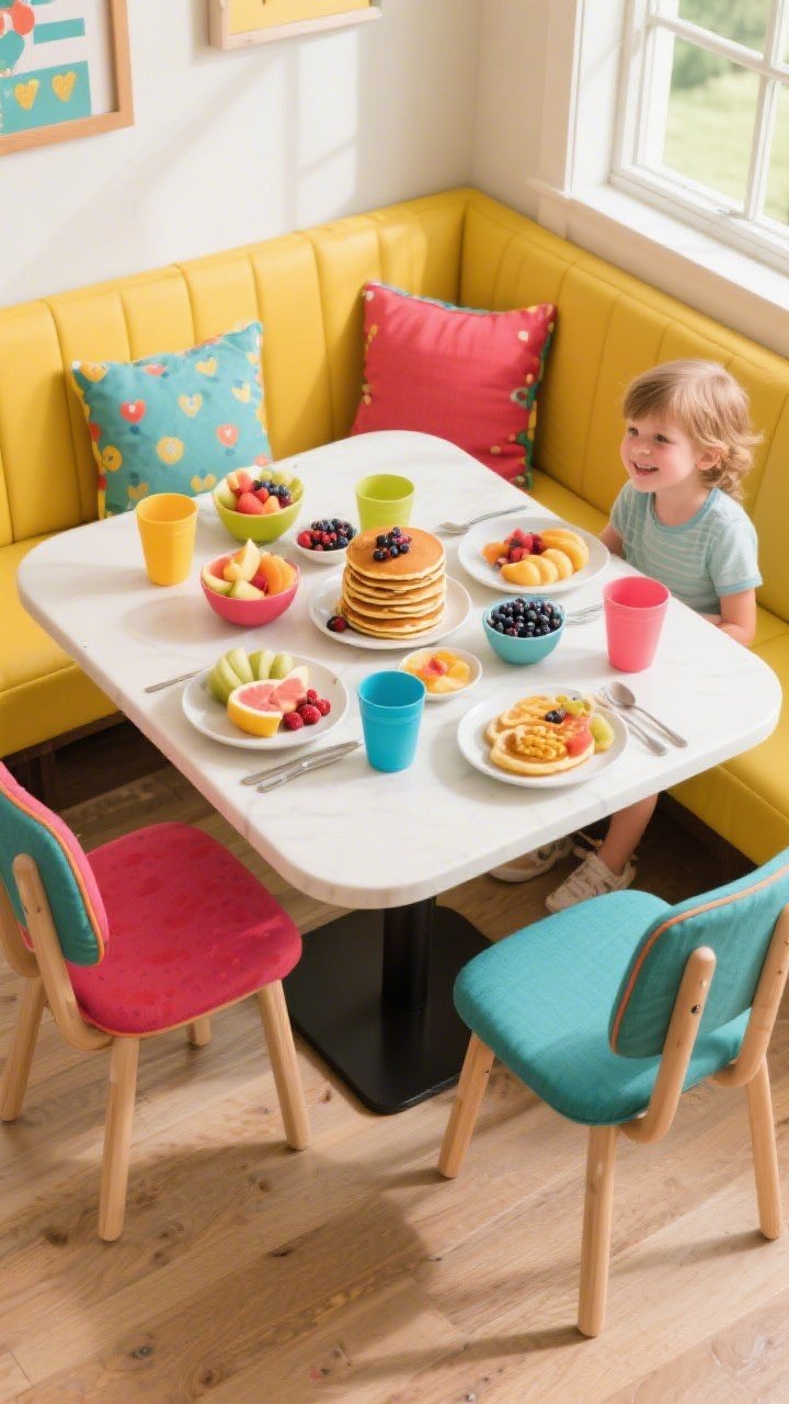 Overhead family-friendly breakfast spread on a rectangular table with rounded corners (30 x 48 inches): bench seating on one side, two kid-friendly chairs on the other. Performance fabric cushions with bold color-pop covers surround a playful array—pancake stack with berries, small bowls of sliced fruit, and spill-proof cups. Bright, cheerful palette, stain-resistant textiles visible, tidy but lively styling, natural daylight, inviting and practical mood.