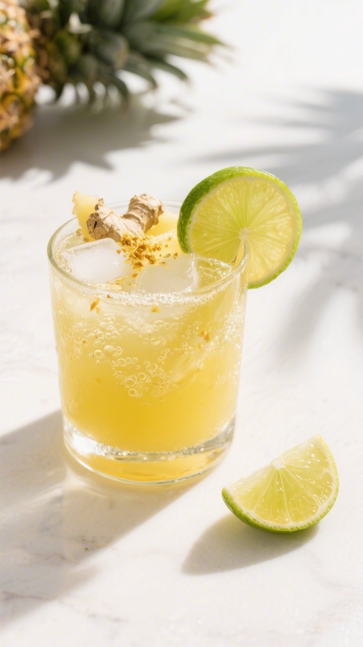 Overhead final spritzer on a bright tropical setup: a short rocks glass filled with 1/2 cup unsweetened pineapple juice topped with 3/4 cup sparkling water, lively carbonation bubbles, 1 teaspoon freshly grated ginger flecks catching the light (or a small side shot glass of ginger juice), and a glossy lime wedge to represent 1 teaspoon fresh lime juice. Ice cubes, pineapple fibers, and ginger texture visible; vibrant yellow and lime-green palette on a sunlit white surface; crisp, refreshing, no people.
