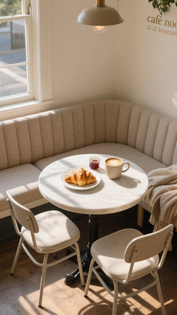 Overhead flat-lay of a sunlit “café nook breakfast” on a small round bistro table: two lightweight café chairs pulled up to a 24–32 inch round table beside a 48–60 inch built-in bench with 2–3 inch thick bench cushions and 3–5 cozy throws. Style the spread with golden croissants on a white plate, a latte in a ceramic mug, and a small jar of jam; warm morning light streaming across the tabletop, soft shadows on the bench upholstery, bright airy mood, crisp professional styling, no people.