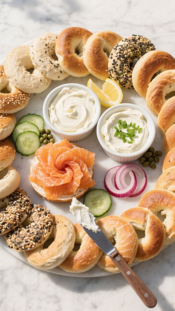 Overhead flat lay of a “Sunrise Bagel Bar” on a light marble surface: a sliced assortment of bagels (plain, everything, sesame, whole wheat) fanned around two ramekins of silky cream cheeses (plain and whipped scallion with visible green flecks), ribbons of thinly sliced smoked salmon (lox) folded into rosettes, and crisp English cucumber rounds. Include lemon wedges, capers, and thin red onion rings for brightness, plus a small knife with a swipe of cream cheese for texture. Bright morning light, clean shadows, crisp focus on seeds and salmon sheen, no people.