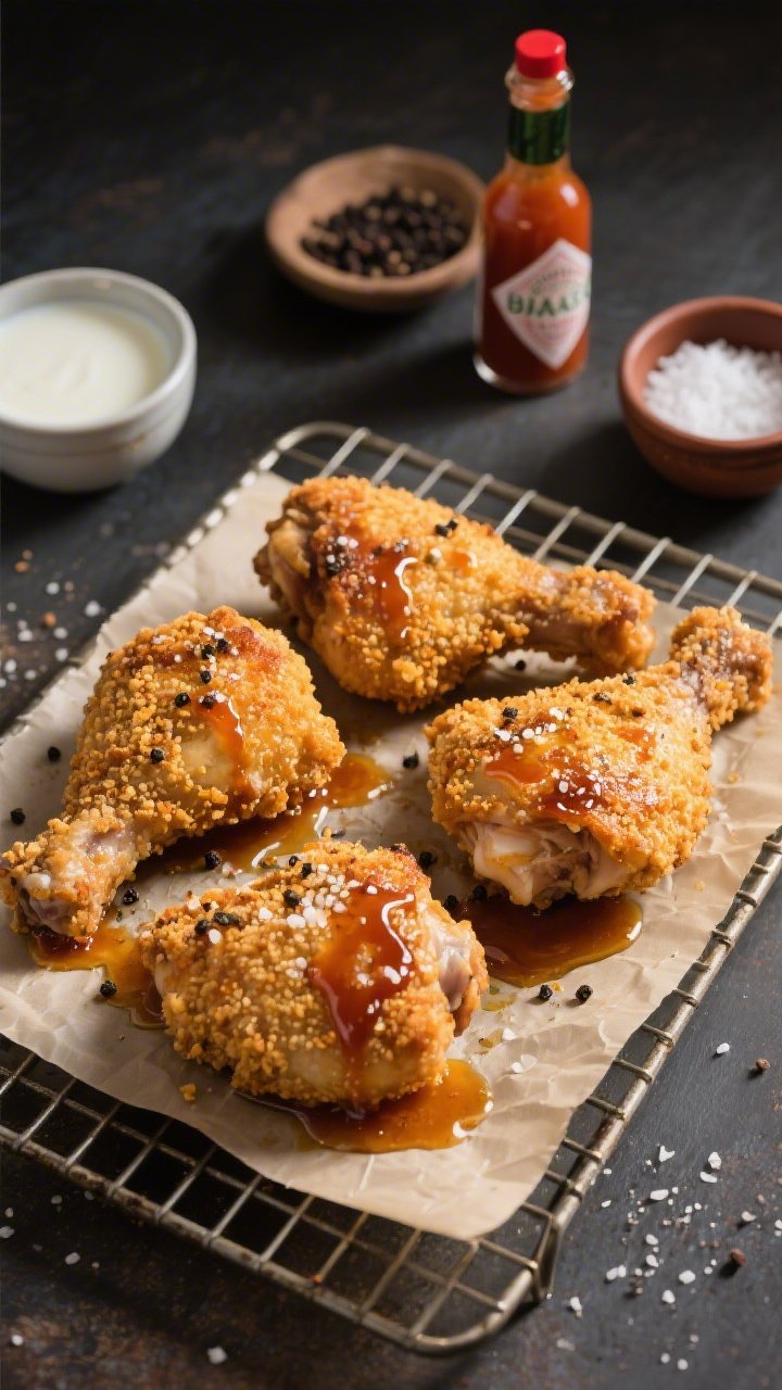 Overhead flat lay of buttermilk hot-honey chicken thighs just out of the air fryer: golden, craggy breading with a glossy hot-honey drizzle pooling on the surface, flecks of kosher salt and cracked black pepper, served on a parchment-lined wire rack. Include a small bowl of low-fat buttermilk, a bottle of hot sauce, a dish of black pepper, and a ramekin of flaky salt in the scene. Warm, moody lighting, shallow depth for crisp texture, no people.