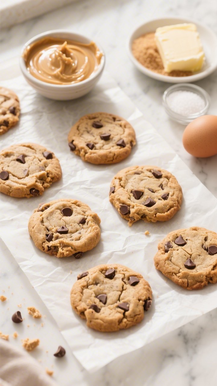 Overhead flat lay of Classic Chewy Peanut Butter–Chocolate Chip cookies cooling on a parchment-lined sheet, golden-brown with visible melty semisweet chips and crackly tops, a small bowl of creamy peanut butter (not natural/drippy), softened unsalted butter, packed light brown sugar, granulated sugar, and 1 whole egg plus an extra egg nearby; warm neutral tones, soft window light, focus on soft, thick cookie texture that stays pillowy for days, crumbs scattered, minimal props on a light marble surface.