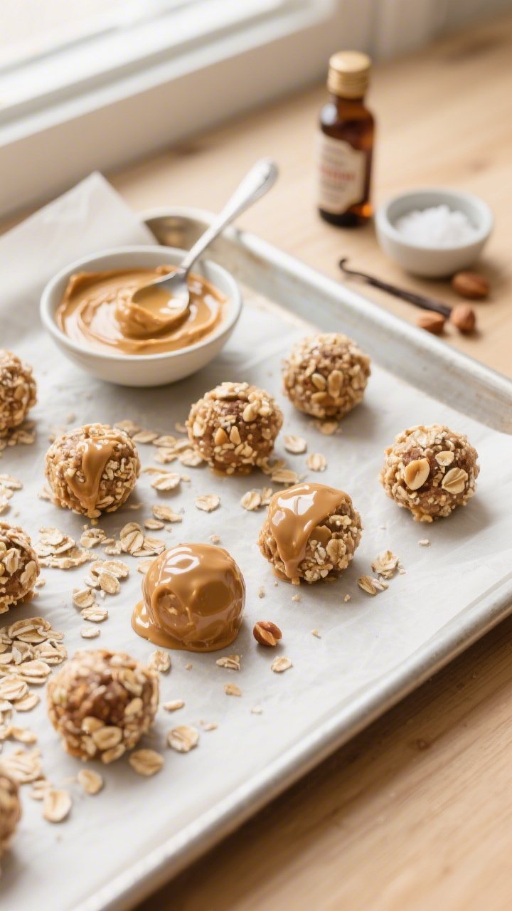 Overhead flat lay of Classic Crunch Peanut Butter Balls on a parchment-lined baking sheet: glossy peanut butter oat balls rolled in finely chopped peanuts and quick oats, a small bowl of creamy peanut butter, a drizzle of pure maple syrup pooling on a spoon, a tiny bowl of fine sea salt, and a bottle of vanilla extract nearby; warm, nostalgic tones, soft natural window light, shallow depth for texture on oats and peanut bits, minimalist styling on a light wood surface.