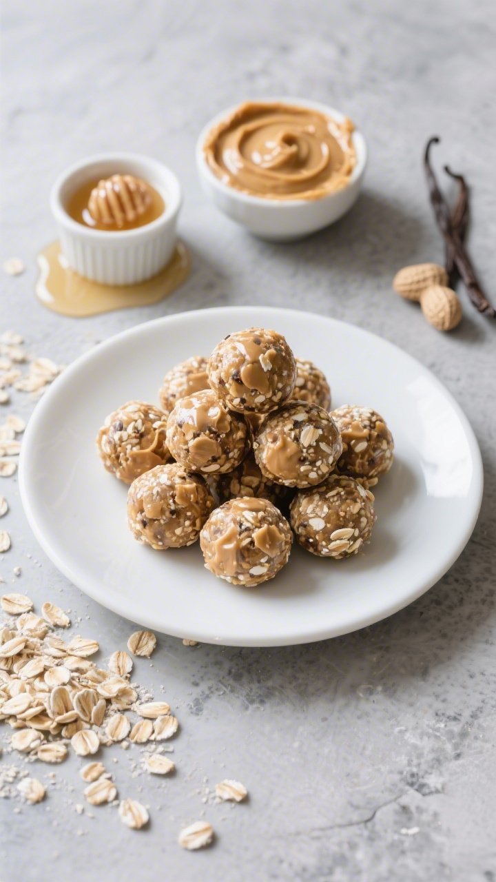 Overhead flat lay of Classic Peanut Butter Oat Protein Balls on a cool gray stone surface: round energy bites speckled with rolled oats and vanilla protein powder, a small ramekin of natural creamy peanut butter with a swirl, a drizzle trail of honey, a pinch bowl of vanilla extract, and scattered old-fashioned oats; soft morning light, minimal props, matte white plate with a neat pyramid of balls, crisp texture on oats and glossy peanut butter sheen, professional studio clarity.