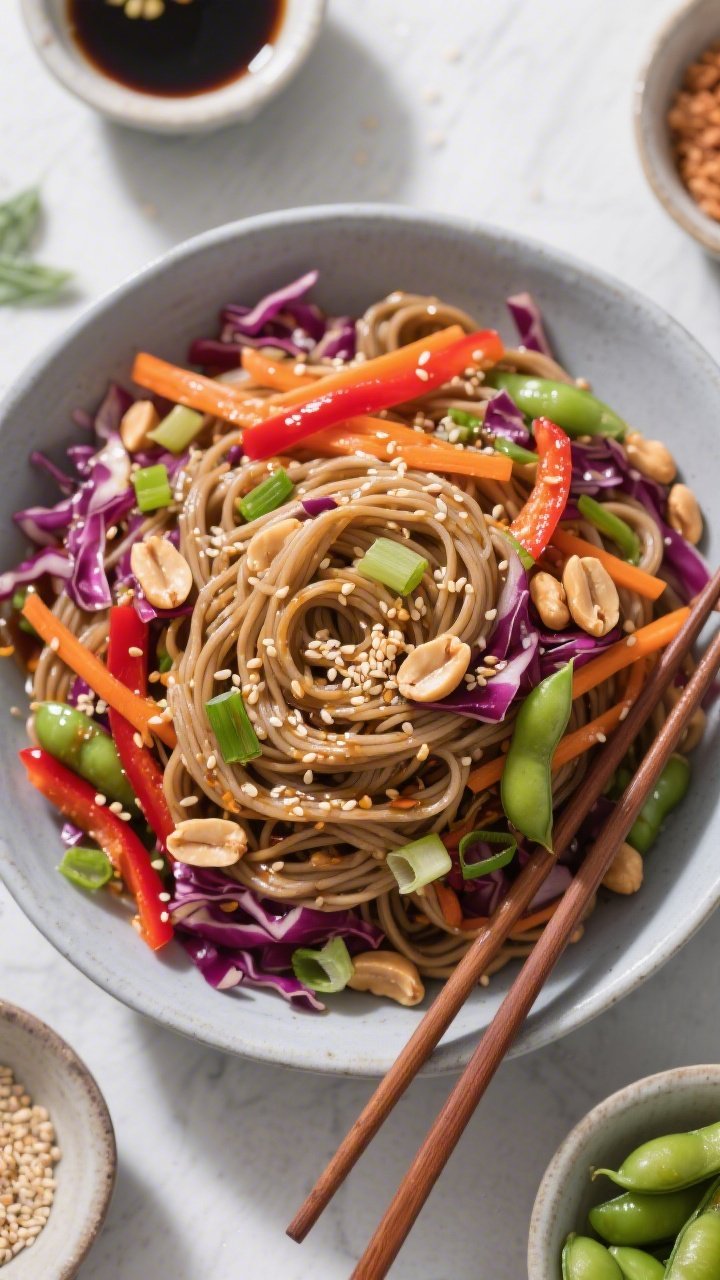 Overhead flat lay of crunchy sesame soba noodle slaw in a wide, matte bowl: tangle of soba noodles tossed with shredded red cabbage, carrots, thin red bell pepper strips, sliced scallions, thawed edamame, and a glossy sesame-soy dressing; sprinkled with roasted peanuts and toasted sesame seeds for crunch; chopsticks resting on the rim, ingredients bowls around the scene; bright, contrasty lighting to emphasize crunch and color, no people.
