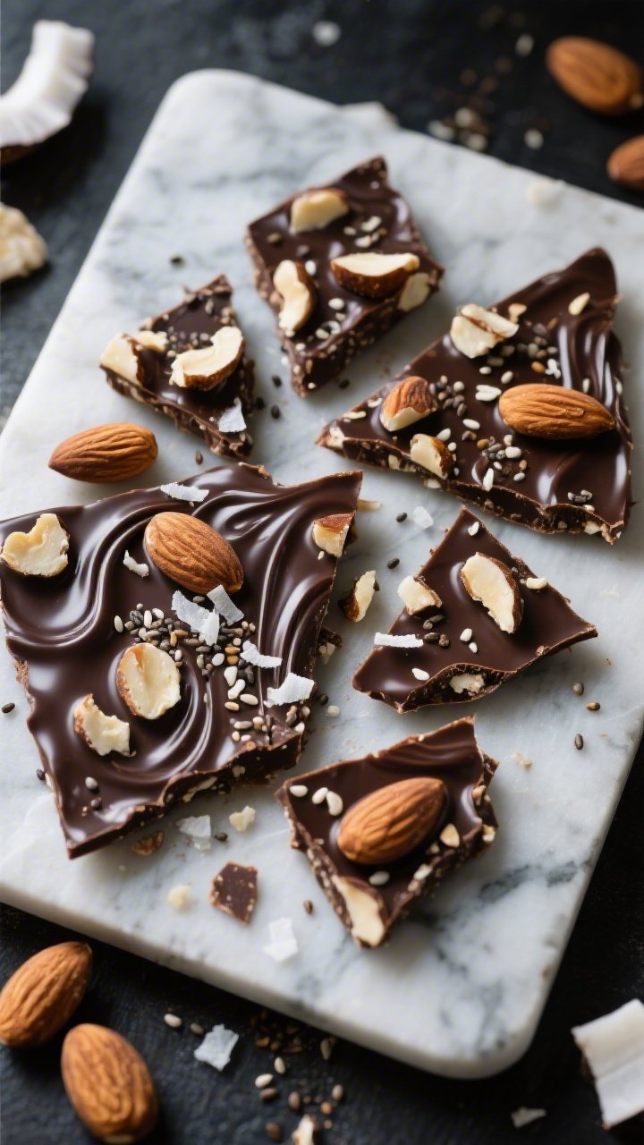Overhead flat-lay of glossy sugar-free dark chocolate almond crunch bark setting on parchment: melted 70%+ dark chocolate swirled with a touch of coconut oil, studded densely with roughly chopped roasted almonds, a sprinkle of unsweetened shredded coconut, and speckled chia seeds; broken rustic shards arranged on a cool marble slab, scattered extra almonds and coconut around, moody lighting to emphasize snap and sheen, ultra-sharp texture detail.