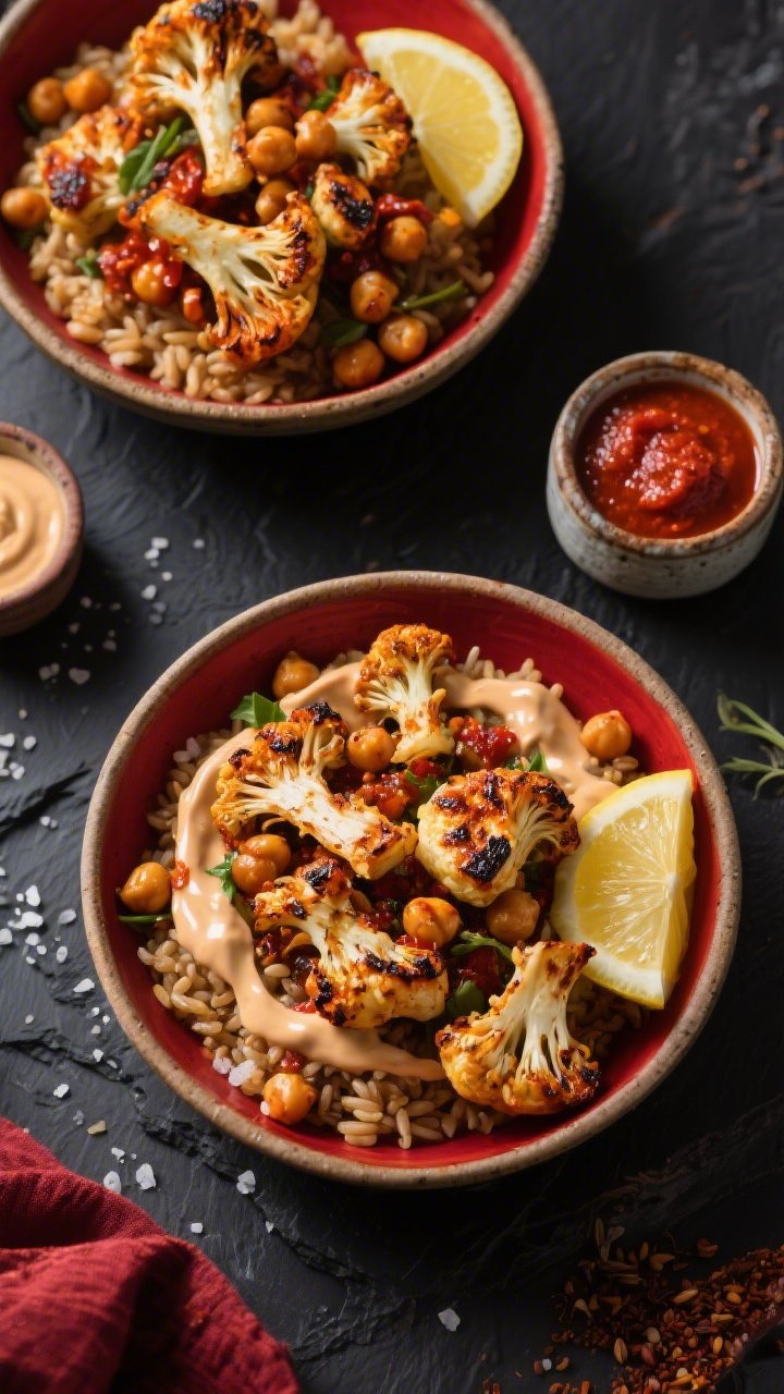 Overhead flat lay of harissa-roasted cauliflower and chickpea bowls: deeply roasted cauliflower florets and chickpeas coated in harissa with cumin and coriander, charred edges visible. Served over warm grains with a generous tahini drizzle, a sprinkle of sea salt, and lemon wedges on the side. Small ramekins of harissa paste and tahini nearby, rustic ceramic bowls on a dark slate backdrop, rich reds and golds, bold, spicy mood.