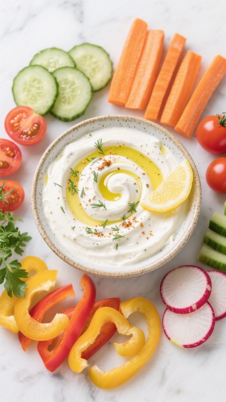 Overhead flat lay of Savory Greek Yogurt Ranch Dip with Rainbow Veggies: a creamy Greek yogurt dip swirled in a shallow ceramic bowl, speckled with garlic powder, onion powder, dried dill, and parsley, finished with a glossy olive oil ribbon and a squeeze of lemon; arranged around it are crisp carrot sticks, cucumber rounds, bell pepper strips, cherry tomatoes, and radishes; bright, vibrant, studio-clean styling on white marble.