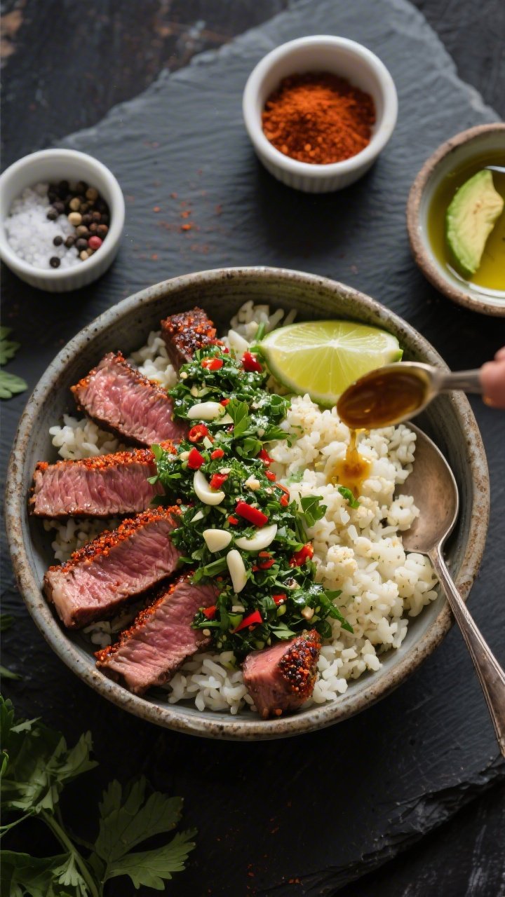Overhead flat lay of Sizzling Chimichurri Steak Bowls being assembled: medium-rare flank/skirt steak slices with smoky paprika crust, juicy and glistening, fanned over fluffy garlic cauliflower rice; vibrant chimichurri drizzled on top with flecks of parsley, oregano, garlic, and red pepper; small ramekins showing kosher salt, black pepper, smoked paprika, and avocado oil; styling on a dark slate surface with a rustic bowl, lime wedges, and a spoon mid-drizzle, sharp focus, natural window light, no people.