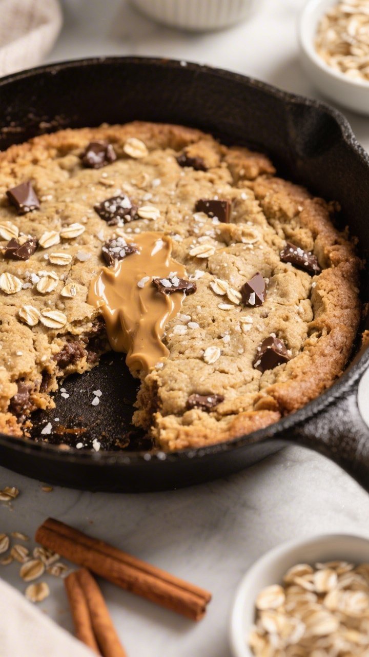 Overhead hero shot of a deep-dish skillet oatmeal cookie with a gooey center: craggy surface studded with oat flecks from old-fashioned rolled oats, made with almond flour, baking soda, fine sea salt, cinnamon, and creamy almond butter; a wedge cut out revealing molten interior, chocolate chunks slightly melted (optional), flaky sea salt sprinkle on top, small bowls of oats and cinnamon sticks nearby, cozy afternoon light