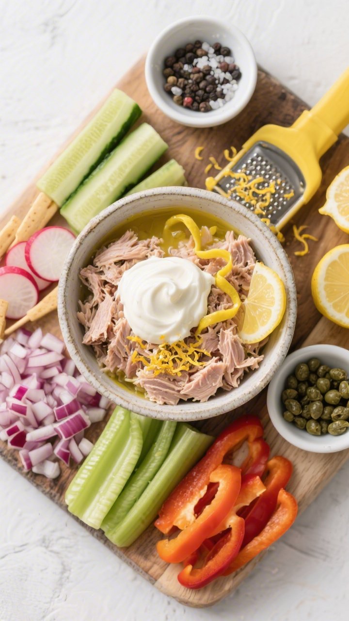 Overhead ingredient-and-assembly shot for Greek Yogurt Tuna Smash: a rustic board featuring a mixing bowl of flaky tuna combined with full-fat Greek yogurt, a dollop of mayonnaise, Dijon mustard ribbon, fresh lemon juice, and lemon zest; surrounded by crunchy veggie dippers—cucumber spears, celery sticks, radish halves, and bell pepper strips—plus capers and minced red onion ready to fold in; sea salt and black pepper pinch bowls, a zester with curls of zest, bright, clean, high-key lighting emphasizing creamy and crunchy textures.