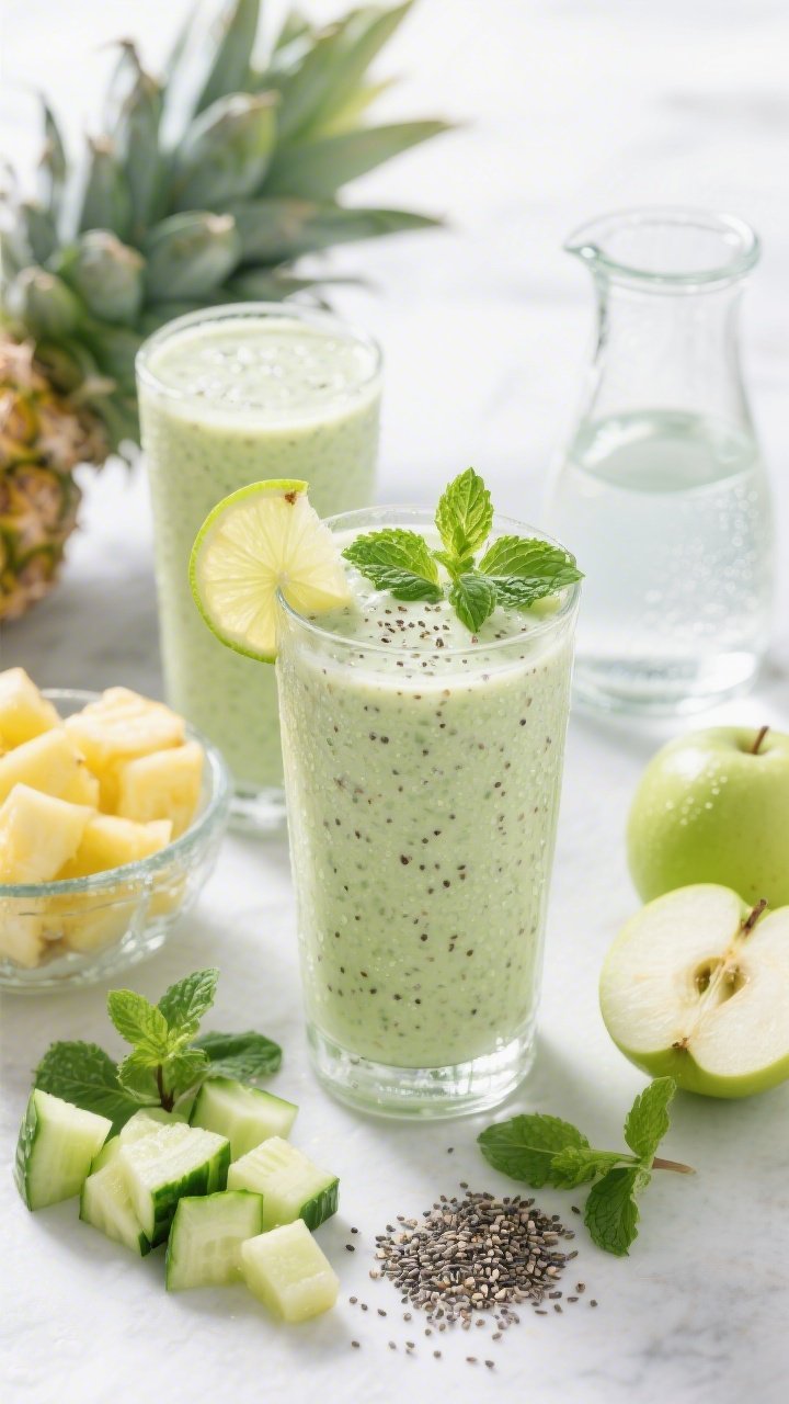 Overhead ingredient-and-final glass duo for a cucumber pineapple bloat-be-gone smoothie: a tall clear glass filled with a frosty pale-green smoothie showing specks of chia and mint, garnished with fresh mint leaves and a lime wheel; around it neatly arranged are 1 cup pineapple chunks, chopped peeled cucumber, green apple pieces, chia seeds, mint sprigs, a halved lime, and a small carafe of cold water; bright tropical vibe, high-key lighting, condensation on glass for refreshment.