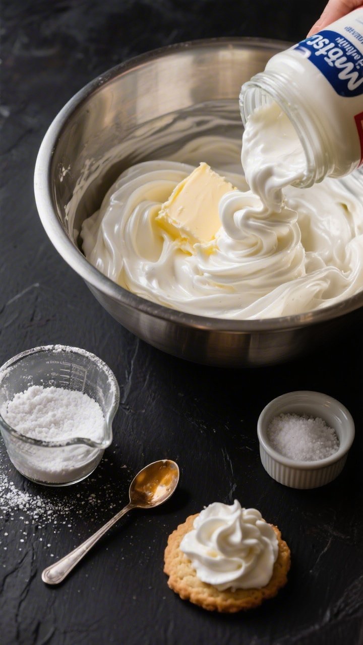 Overhead ingredient-and-process shot of Marshmallow Whip Frosting: a jar of marshmallow creme being folded into softened butter in a stainless bowl, ribbons of glossy fluff captured mid-fold. Nearby: a measured cup of sifted powdered sugar dusting the dark surface, a teaspoon of vanilla extract, and a pinch of fine salt in a ramekin. Include a single sugar cookie with a dramatic, cloud-like dollop to show lift. High-key lighting to emphasize gloss and airy texture.