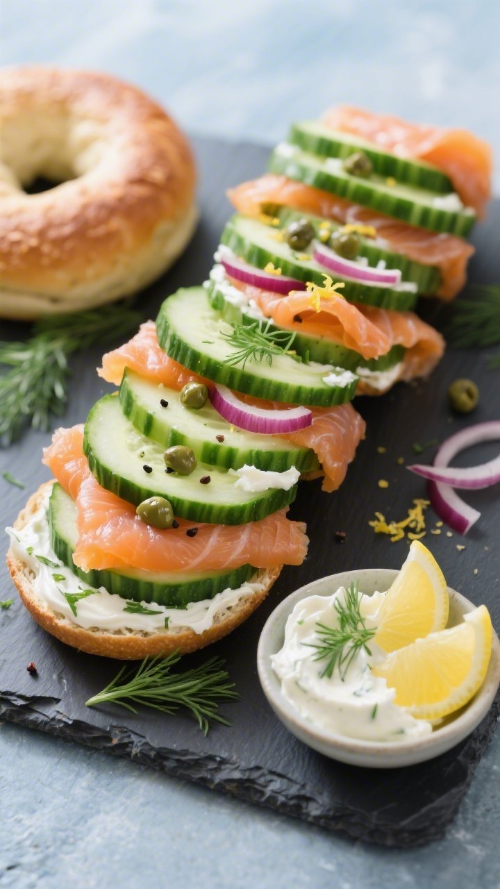 Overhead ingredient-forward assembly of lox and cucumber “bagel” stacks: thick English cucumber rounds layered with herby cream cheese (cream cheese blended with a touch of Greek yogurt and fresh dill), silky smoked salmon folds, a sprinkle of capers, and a few red onion slivers; finished with cracked black pepper and lemon zest; arranged neatly on a slate board with a small bowl of the herbed cream cheese and lemon wedges; bright, fresh coastal mood, high clarity.