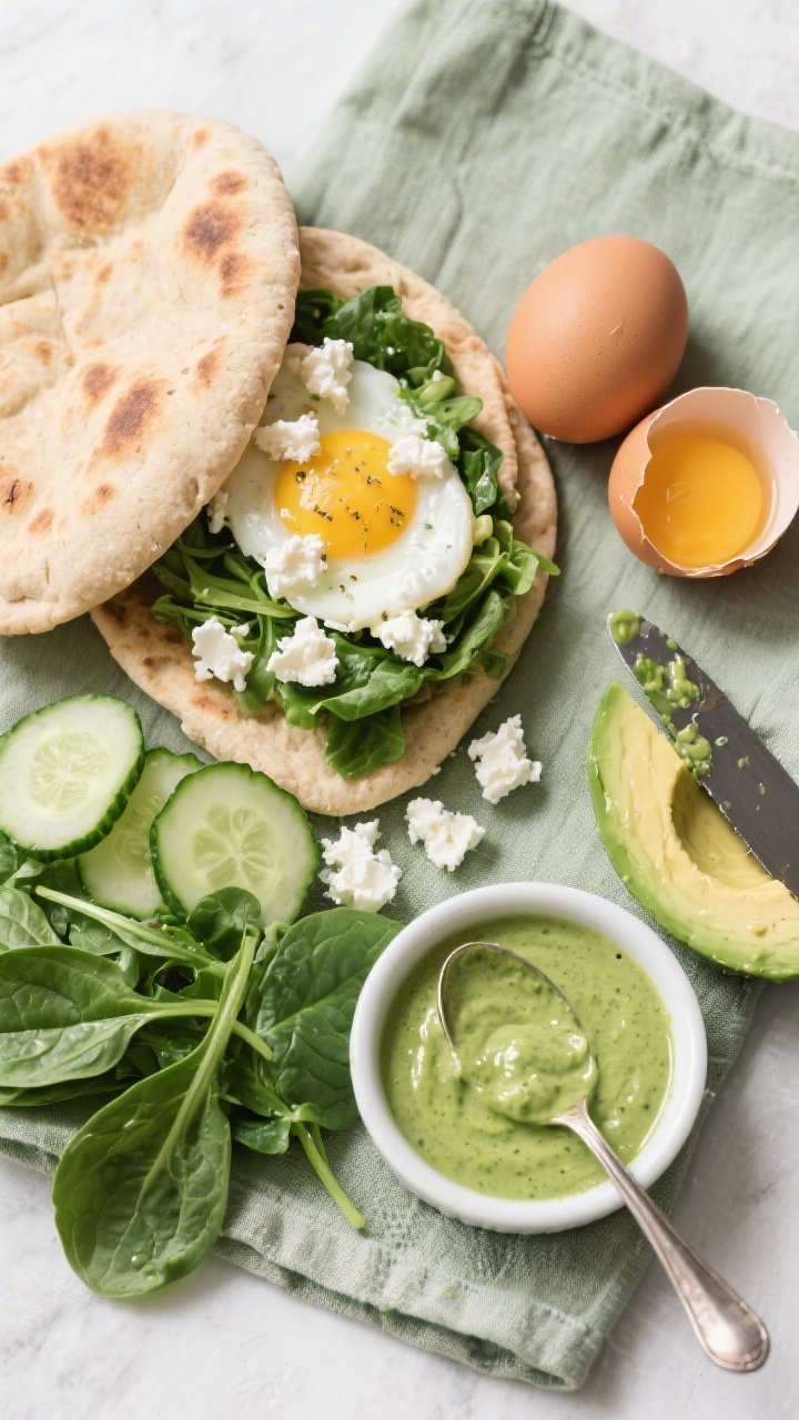 Overhead ingredient-prep flat lay: components for a Green Goddess veggie, egg, and feta pita. Arrange a warmed whole wheat pita, two large eggs (one cracked into a ramekin), crumbled feta, avocado slices with fresh green hue, baby spinach, thinly sliced cucumber, and a small bowl of glossy Green Goddess sauce. Include a spoon with sauce trail, a knife with avocado residue, and a linen in muted sage. Clean, bright daylight, crisp textures, emphasis on fresh greens.