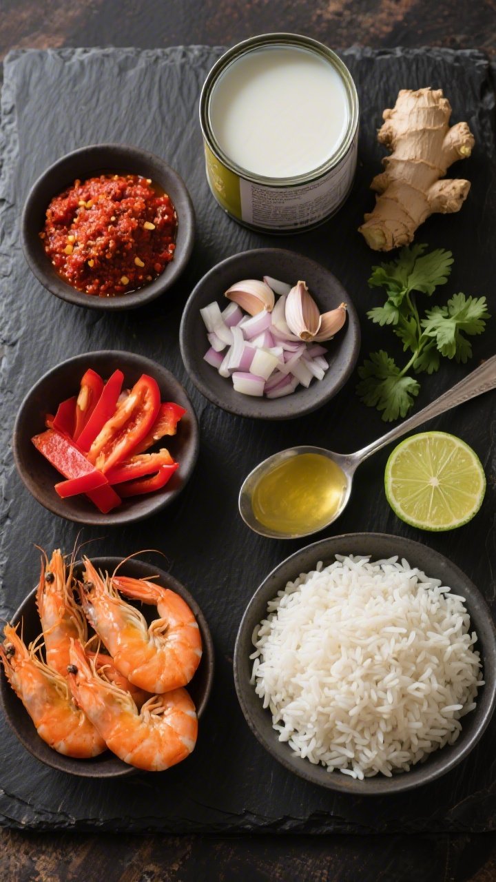 Overhead ingredient-prep flat lay for coconut curry shrimp and rice: small bowls of red curry paste, grated fresh ginger, minced garlic, and finely chopped onion; thinly sliced red bell pepper fans; raw shrimp patted dry; long-grain white rice measured out; a can of coconut milk opened with rich cream visible; tablespoon of coconut oil ready to melt; lime wedges and cilantro for garnish; everything arranged neatly on a dark slate board to hint at a vibrant, Thai-inspired one-pot.