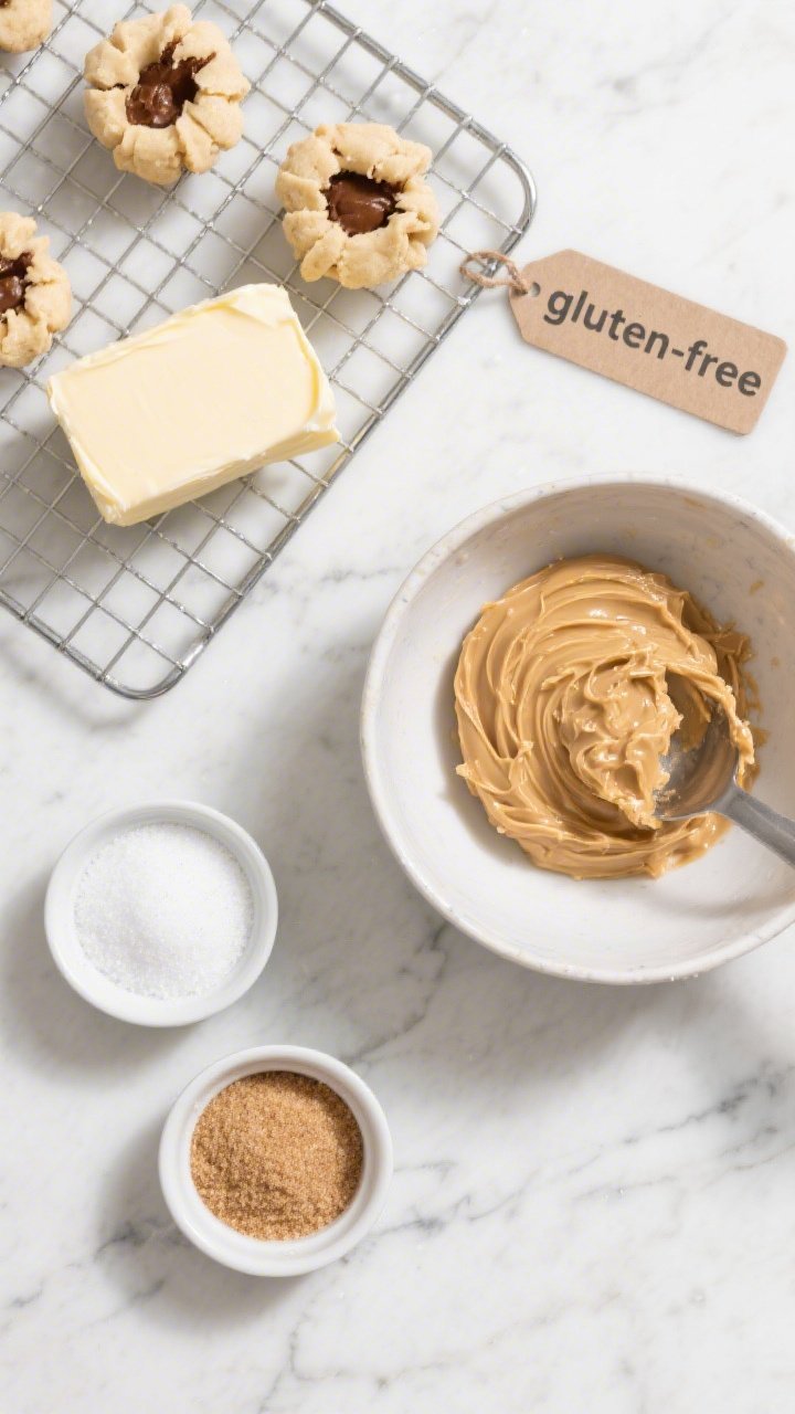 Overhead ingredient prep flat lay for gluten-free peanut butter blossoms: softened unsalted butter, a heaping scoop of gluten-free creamy peanut butter with swirls, granulated sugar and light brown sugar in ramekins (plus extra sugar for rolling), and a mixing bowl with a dough scoop showing soft, pliable texture; include a “gluten-free” tag and a wire rack ready for baking; bright, clean styling on a white marble surface.