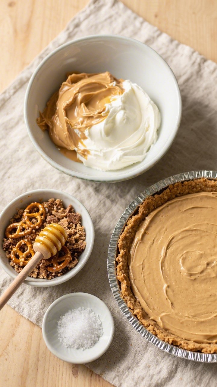 Overhead ingredient prep flat lay for Salted Honey Peanut Butter Icebox Pie: a mixing bowl with cream cheese, sour cream, and creamy peanut butter mid-fold, a separate bowl of finely crushed pretzel crumbs mixed with melted butter and brown sugar pressed into a pie tin, a honey dipper with golden drips, and a small dish of flaky sea salt. Neutral linen, light wood surface, warm daylight; textures emphasized—the sandy pretzel crust, silky filling, and crystalline salt.
