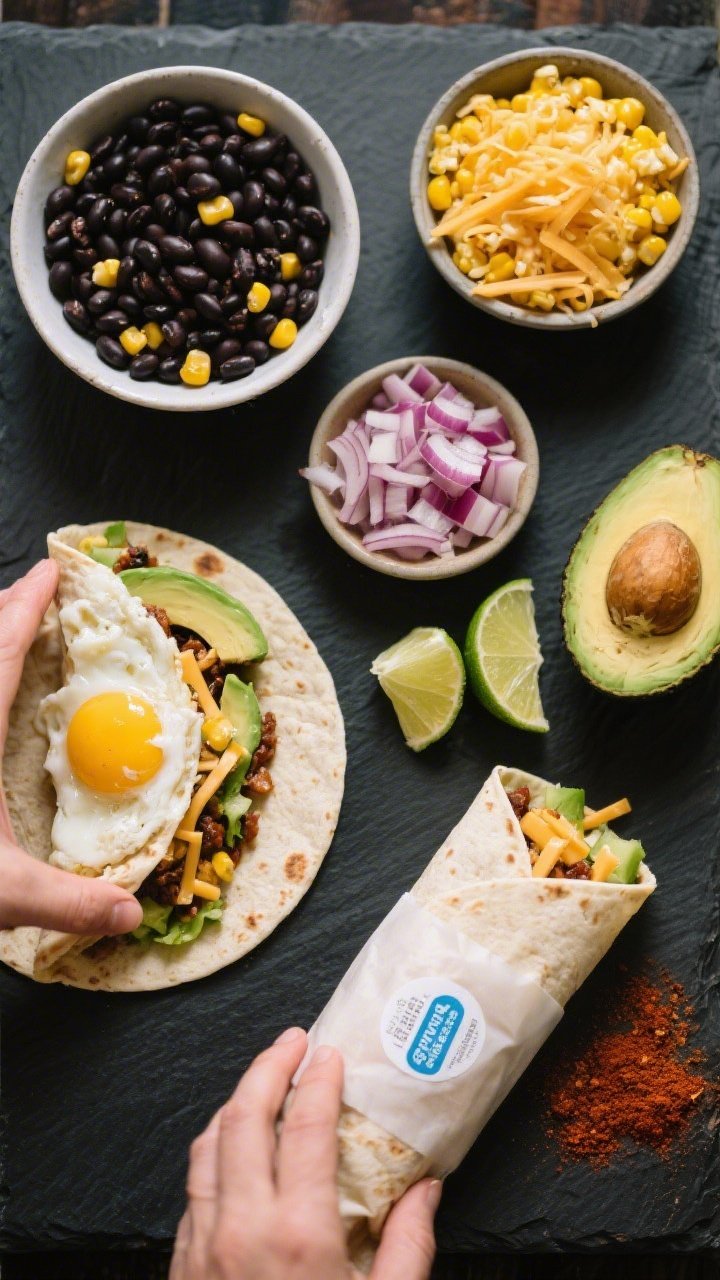 Overhead ingredient-prep flat lay for the Southwest Black Bean, Corn, and Avocado burrito (freezer-friendly vibe): bowls of drained black beans, thawed yellow corn, finely chopped red onion, diced ripe avocado, shredded Monterey Jack or cheddar, and softly scrambled eggs. One tortilla is being filled; another is wrapped tightly in parchment with a labeled freezer sticker. Lime wedges and a pinch of chili powder on a dark slate board for contrast, vivid colors, tidy composition, no hands.