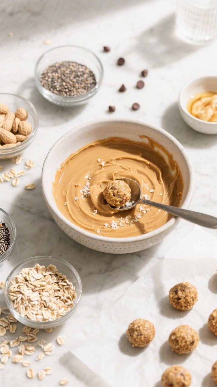 Overhead ingredient-prep scene for Protein-Packed Breakfast PB Oat Balls: a mixing bowl with natural peanut butter swirled with honey, vanilla, cinnamon, and a pinch of sea salt, surrounded by measured old-fashioned oats and add-ins like chia seeds and mini chocolate chips; a scoop partially forming round oat balls on a parchment sheet; airy morning light, clean kitchen surface, emphasis on wholesome textures and grab-and-go energy.
