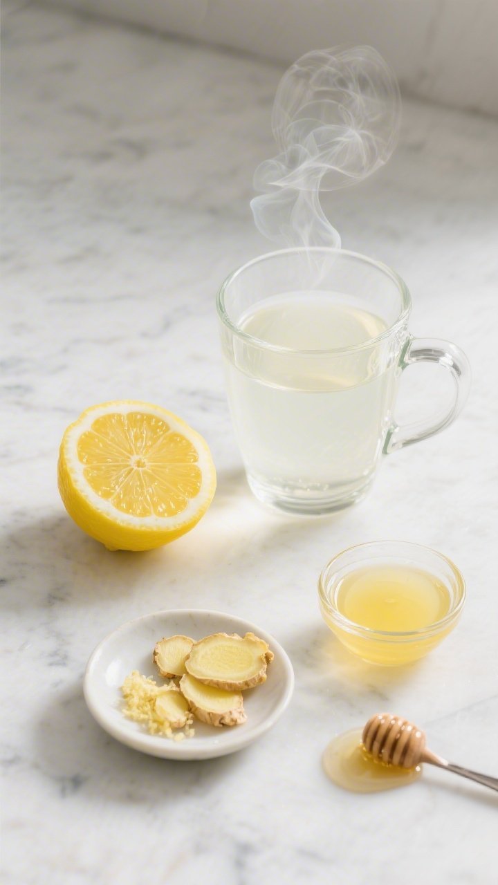 Overhead ingredient shot: a minimalist flat lay on a light marble surface showing 1 1/2 cups steaming hot water in a clear glass mug (not boiling, gentle steam wisps), a halved lemon with visible pulp and 1 tablespoon freshly squeezed lemon juice in a small glass ramekin, 1 teaspoon finely grated fresh ginger on a tiny dish with 4–5 thin ginger slices beside it, and a drizzle-ready 1/2 teaspoon of raw honey in a tiny spoon (optional off to the side). Bright, clean, zesty mood with lemon yellow and ginger’s fibrous texture emphasized; no people, pro food photography.