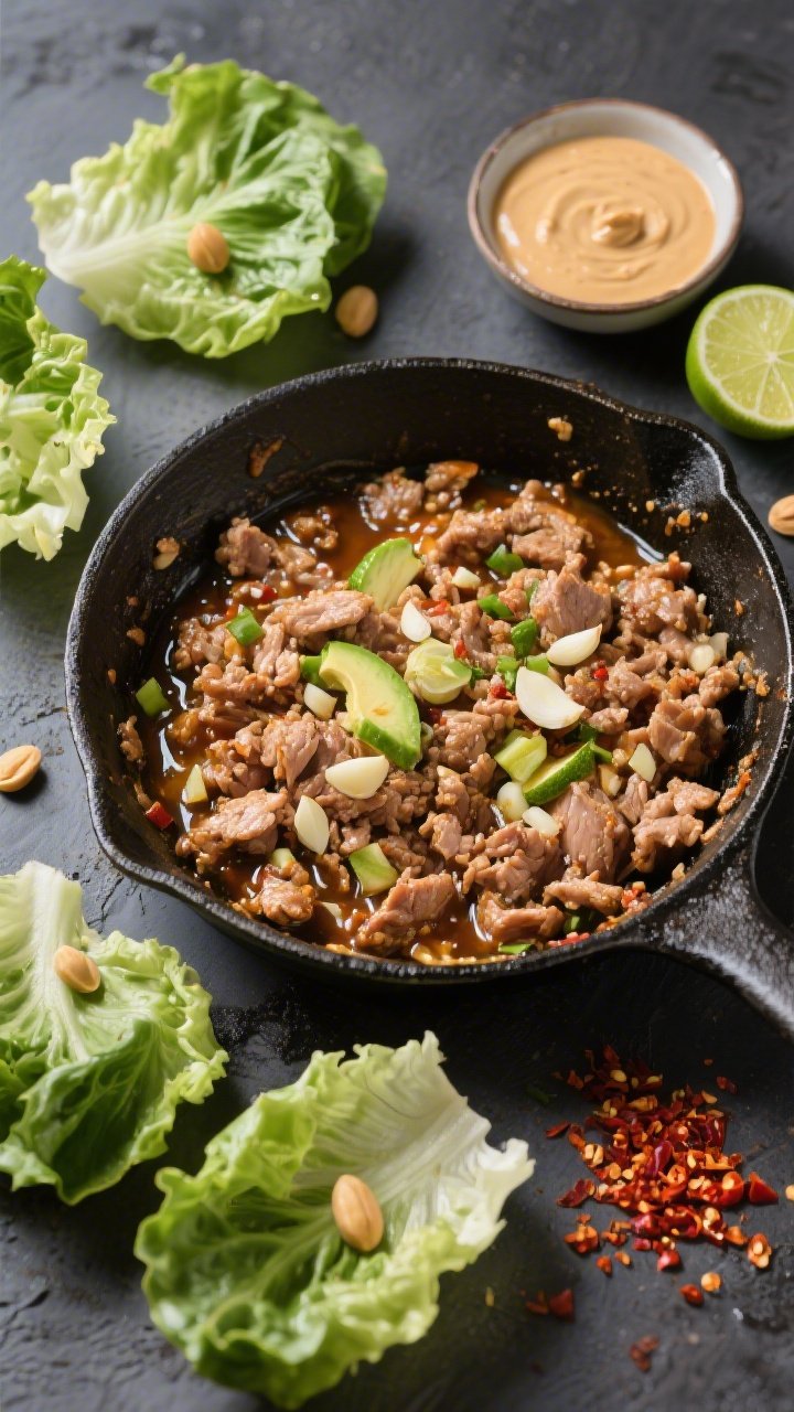 Overhead ingredient-to-assembly scene for spicy turkey lettuce wraps with peanut-lime sauce: sizzling ground turkey in a skillet with minced garlic and fresh ginger, seasoned with coconut aminos/tamari, a glossy sheen from avocado oil; surrounding elements neatly arranged—crisp lettuce cups, a small bowl of creamy peanut-lime sauce, lime wedges; chili flakes sprinkled nearby for heat; vibrant, punchy colors, high-contrast lighting, no people, ready-to-fill composition.