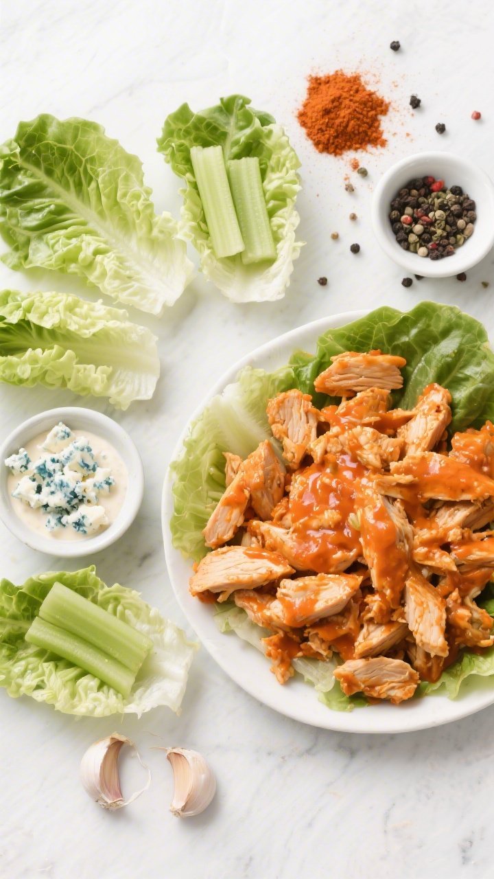 Overhead ingredient-to-assembly shot for buffalo chicken lettuce wraps: chopped, cooked chicken thighs tossed in vibrant orange buffalo sauce on one side; crisp romaine or butter lettuce cups arranged on the other; small bowls of blue cheese crumbles, ranch (blue cheese ranch), celery sticks, garlic powder, paprika, and black pepper scattered; clean, bright styling to emphasize heat and freshness.