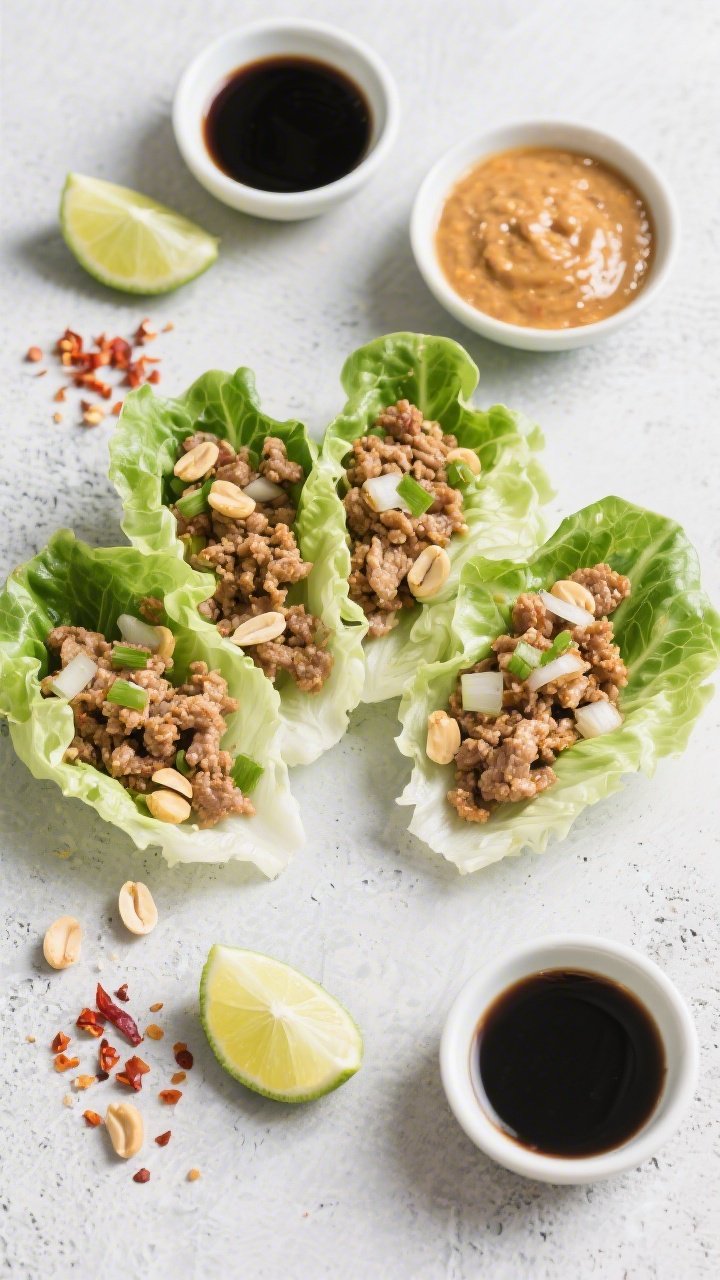 Overhead ingredient-to-assembly shot for Spicy Turkey Lettuce Wraps with Crunchy Peanut-Lime Drizzle: lean ground turkey cooked with finely chopped onion, minced garlic, and grated ginger—crumbled and lightly browned; crisp lettuce cups (butter or romaine) arranged alongside; small bowls of low-sodium soy sauce/coconut aminos and a chunky peanut-lime drizzle (visible crushed peanuts and glossy lime sheen); lime wedges and chili flakes for heat; clean, vibrant setup on a light concrete background with neat mise en place, no people