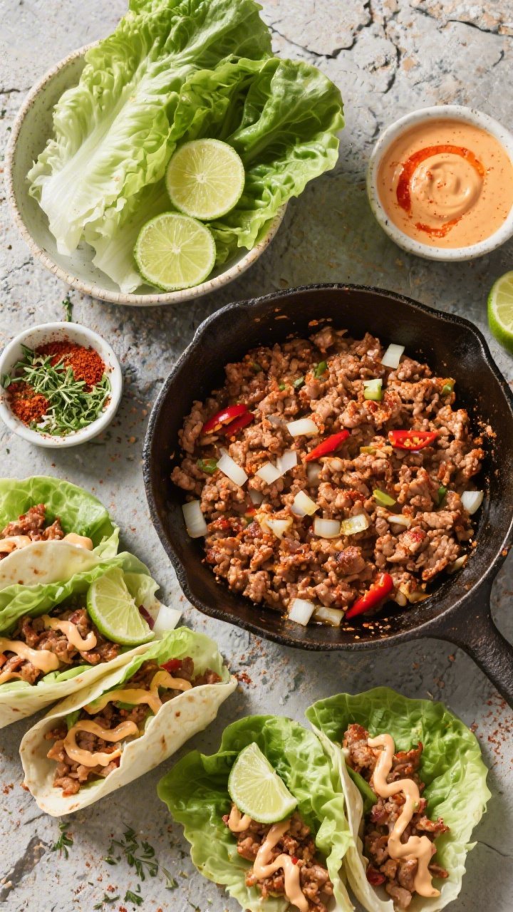 Overhead ingredient-to-assembly shot for Zesty Turkey Taco Lettuce Wraps: sizzling ground turkey seasoned with chili powder, cumin, smoked paprika, oregano, garlic, and finely diced onion in a cast-iron skillet; separate sections show crisp butter lettuce leaves ready to fill, a bowl of fiery lime crema with lime halves and zest nearby, and small dishes of spices; a few assembled wraps with turkey, crema drizzle, and a squeeze of lime; vibrant, punchy colors, high contrast, no hands, styled on a textured stone backdrop.