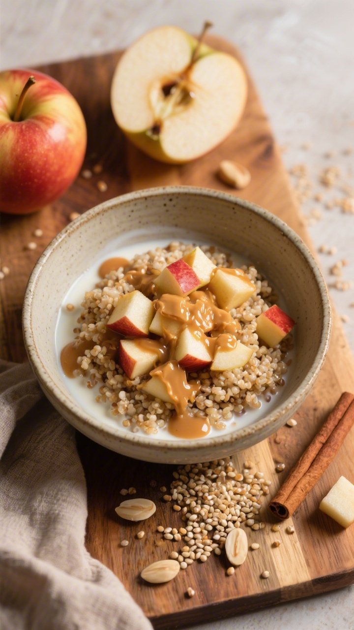 Overhead ingredient-to-bowl narrative of a warm apple-cinnamon quinoa bowl: steamy cooked quinoa in a ceramic bowl with diced Honeycrisp apple sautéed in a touch of coconut oil, splash of unsweetened almond milk pooling around grains, generous cinnamon, and a glossy almond butter drizzle; extra apple dice, cinnamon stick, and quinoa scattered artfully on a wooden board; cozy autumn palette, soft directional light, no people.