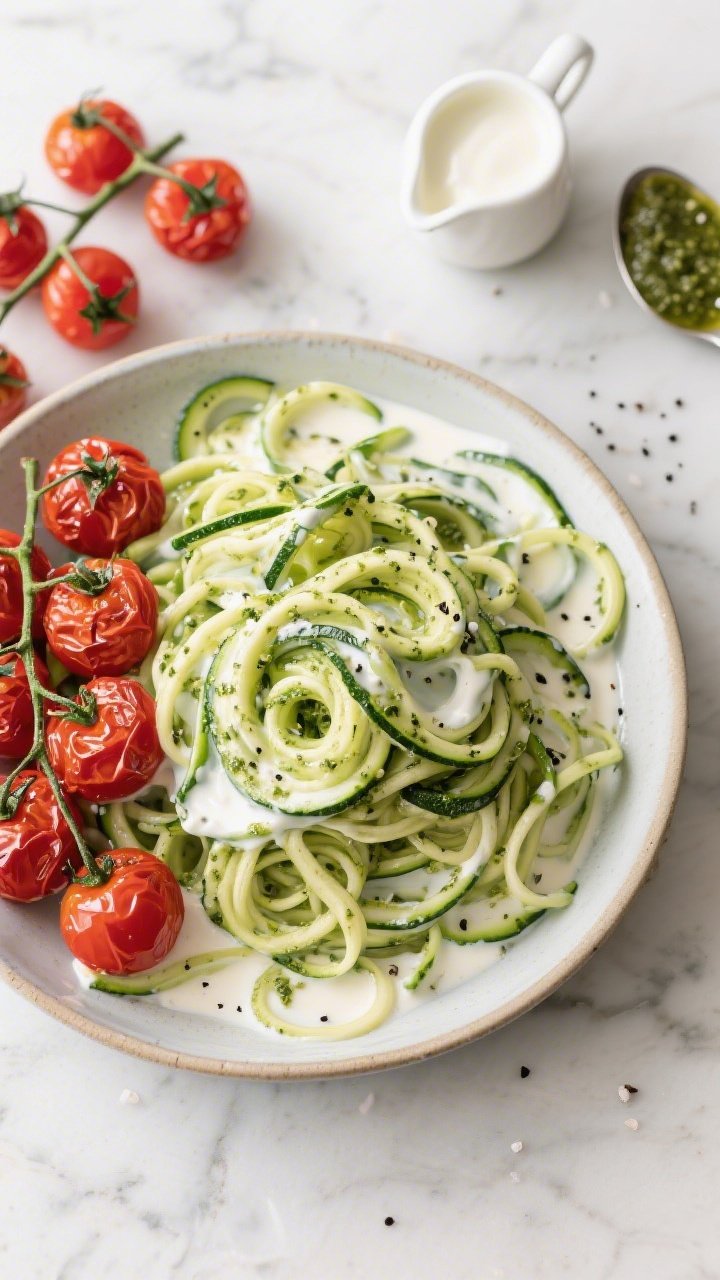 Overhead ingredient-to-finish progression for creamy pesto zucchini noodles: spiralized zucchini zoodles in a large shallow bowl, tossed in a silky heavy cream and prepared pesto sauce, flecked with black pepper and kosher salt; blistered cherry tomatoes, still on a few split vines, tucked around the edges, their skins wrinkled and glossy from olive oil; a small pourer of extra cream and a spoonful of pesto nearby; fresh, vibrant look with greens and ruby reds popping against a light marble surface.