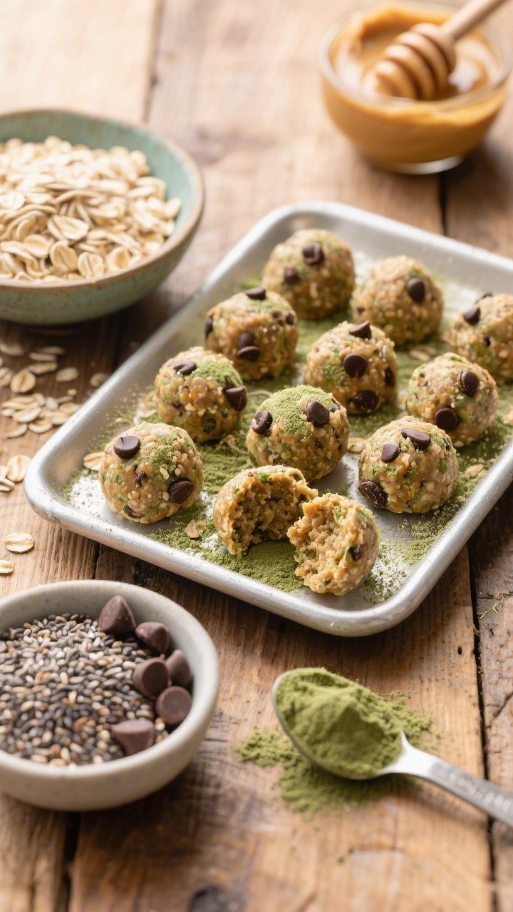 Overhead ingredient-to-finish scene for No-Bake Peanut Butter Moringa Energy Bites: a tray of perfectly rolled bites studded with mini dark chocolate chips, oats, and chia seeds, dusted lightly with moringa powder; surrounding bowls show rolled oats, natural peanut butter, honey, chia seeds, chocolate chips, and a measuring spoon of moringa; one bite cut open to reveal chewy texture, rustic wooden surface, bright but natural light